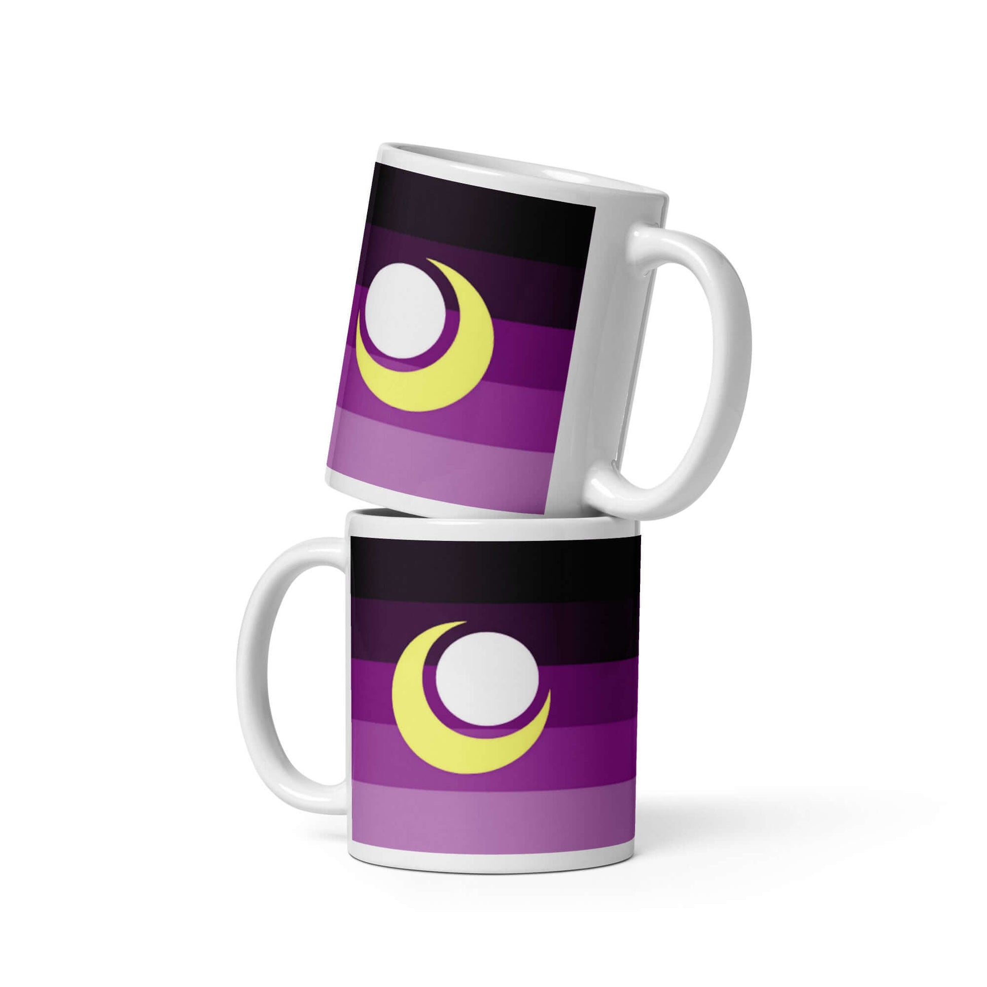 Enbian Pride Mug showing vibrant purple stripes and a yellow crescent moon design on two ceramic mugs.