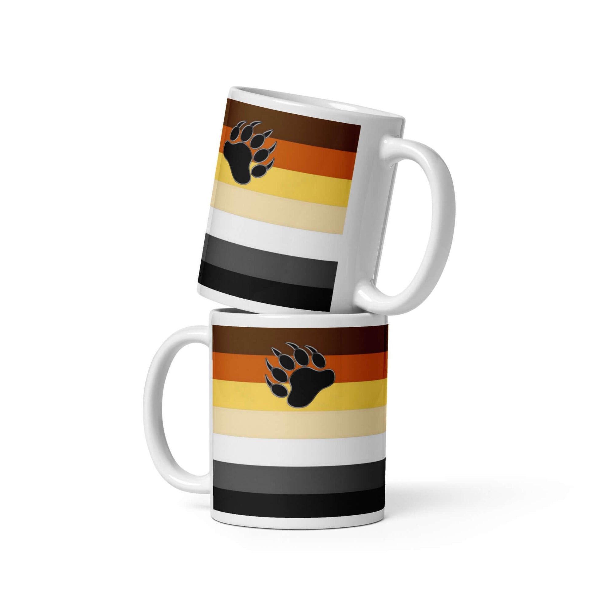 Bear Brotherhood Pride Mug with colorful stripes and paw print design, featuring two angles of the ceramic mugs.