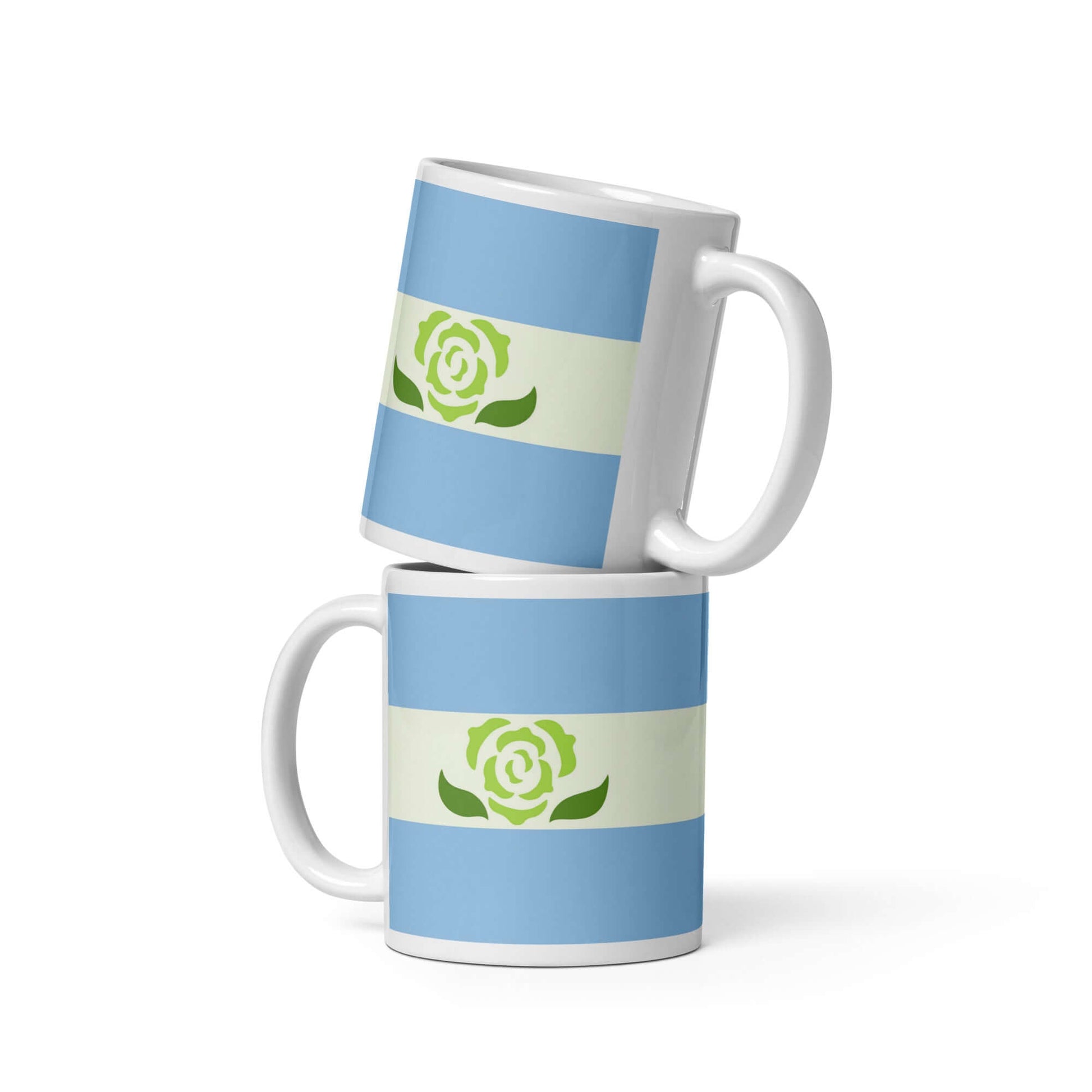 Achillean Pride Mug featuring a design with blue stripes and a green rose, shown in a stacked position.