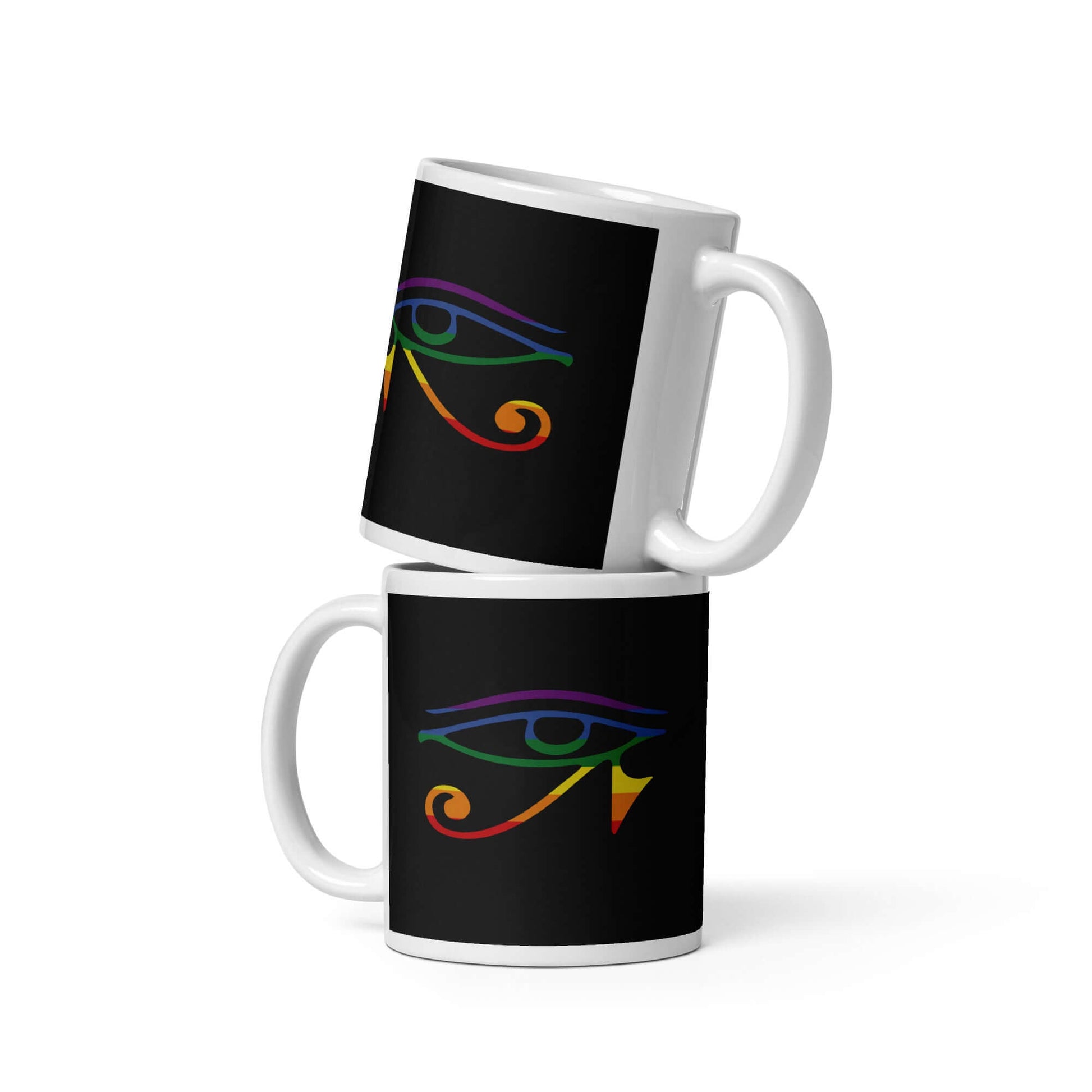 Two Gay Goth Fetish Mugs featuring an eye design on a black background for stylish beverage enjoyment.