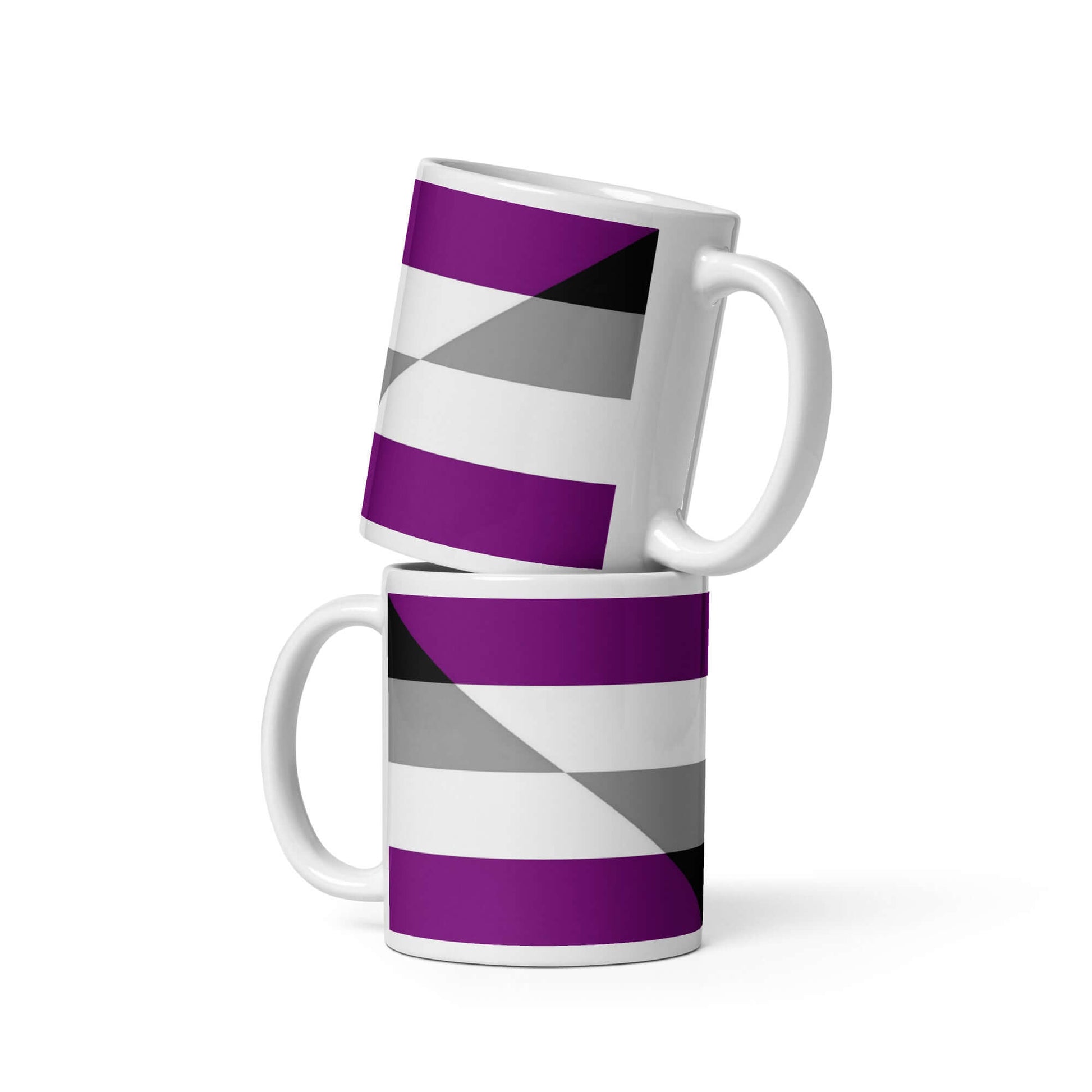 Aegosexual Pride Mug featuring vibrant purple, gray, and black striped design, stacked for display.