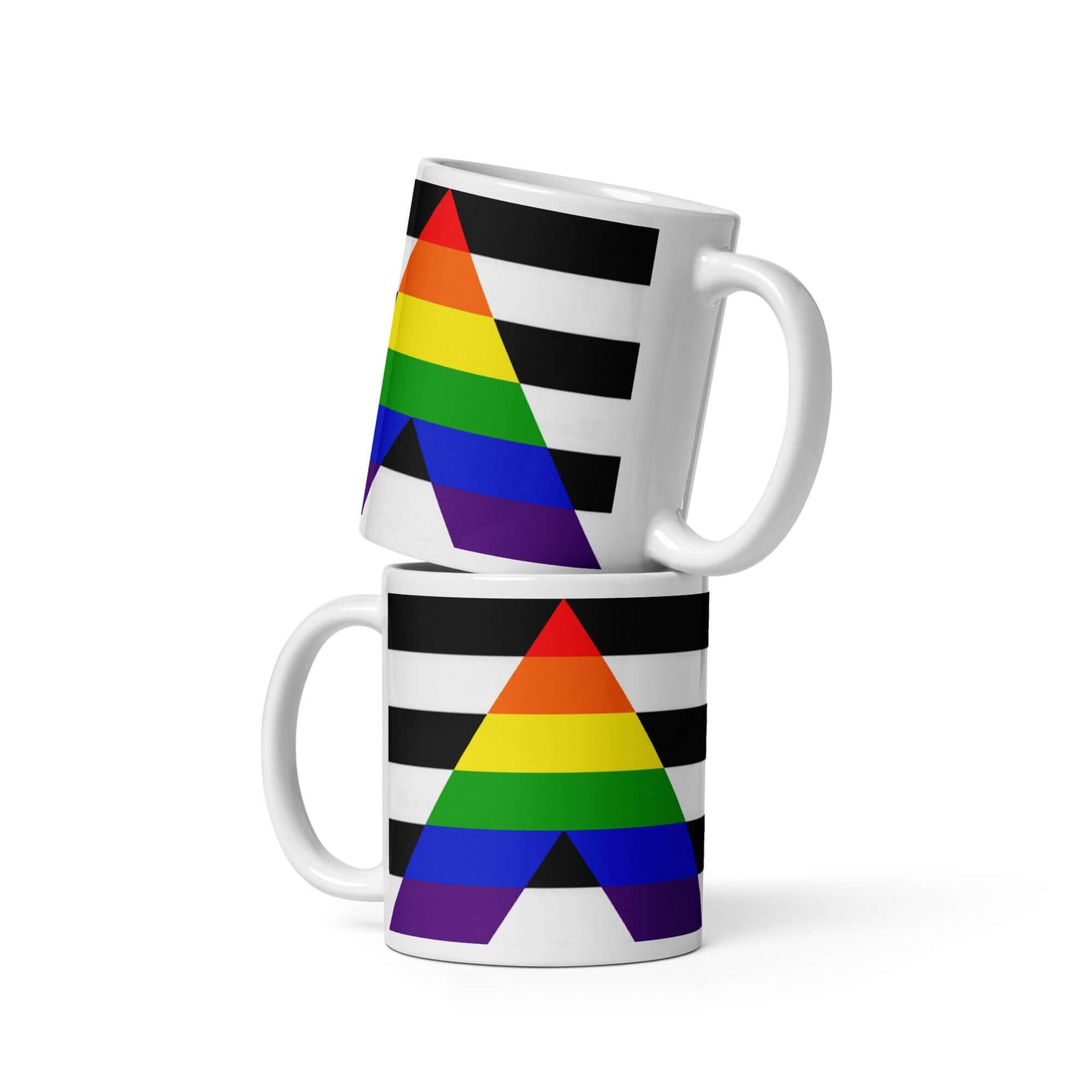 Straight Ally Pride Mug featuring a rainbow triangle design on a black and white striped background.