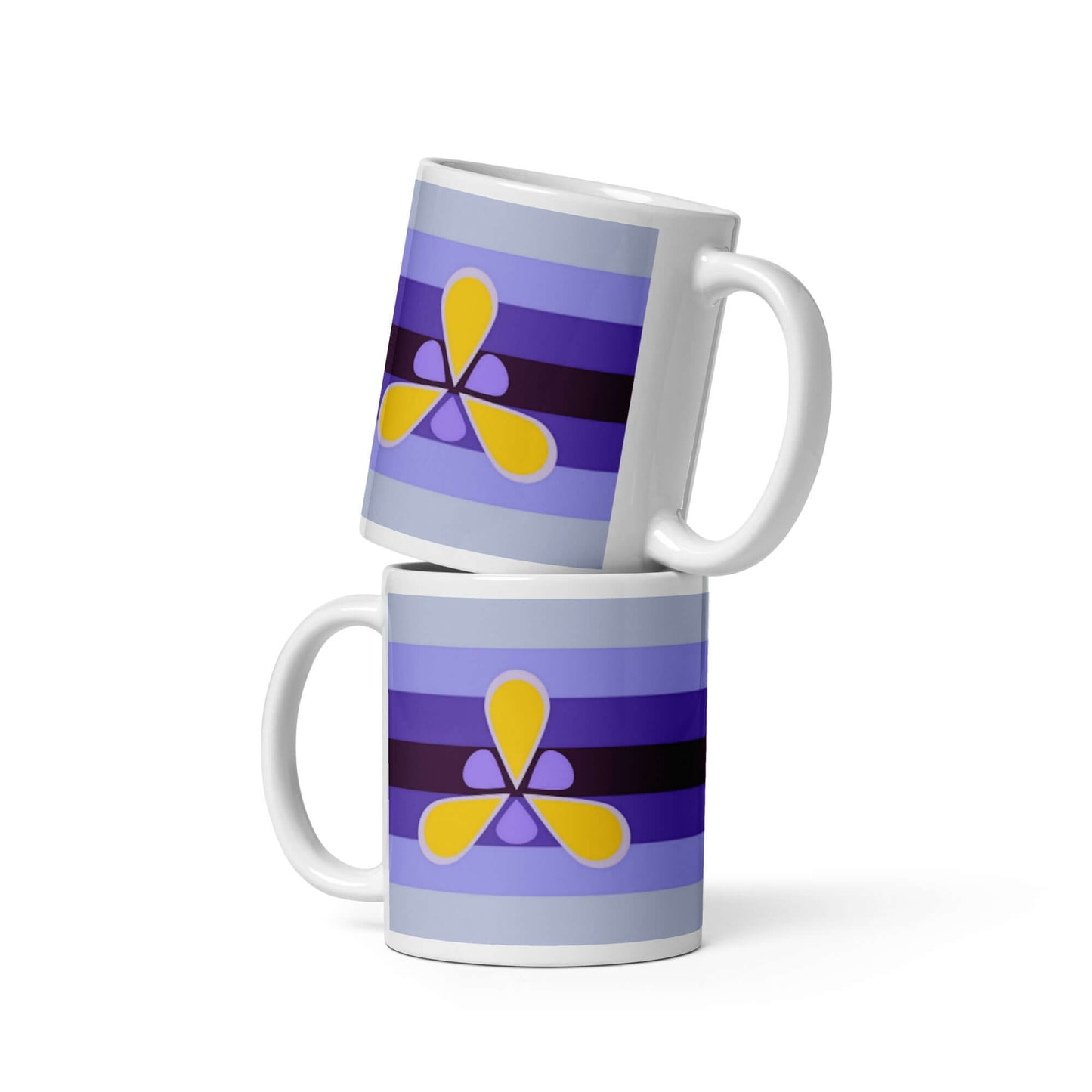 Xenogender Pride Mug featuring a colorful striped design with vibrant purple and yellow accents, perfect for coffee or tea.