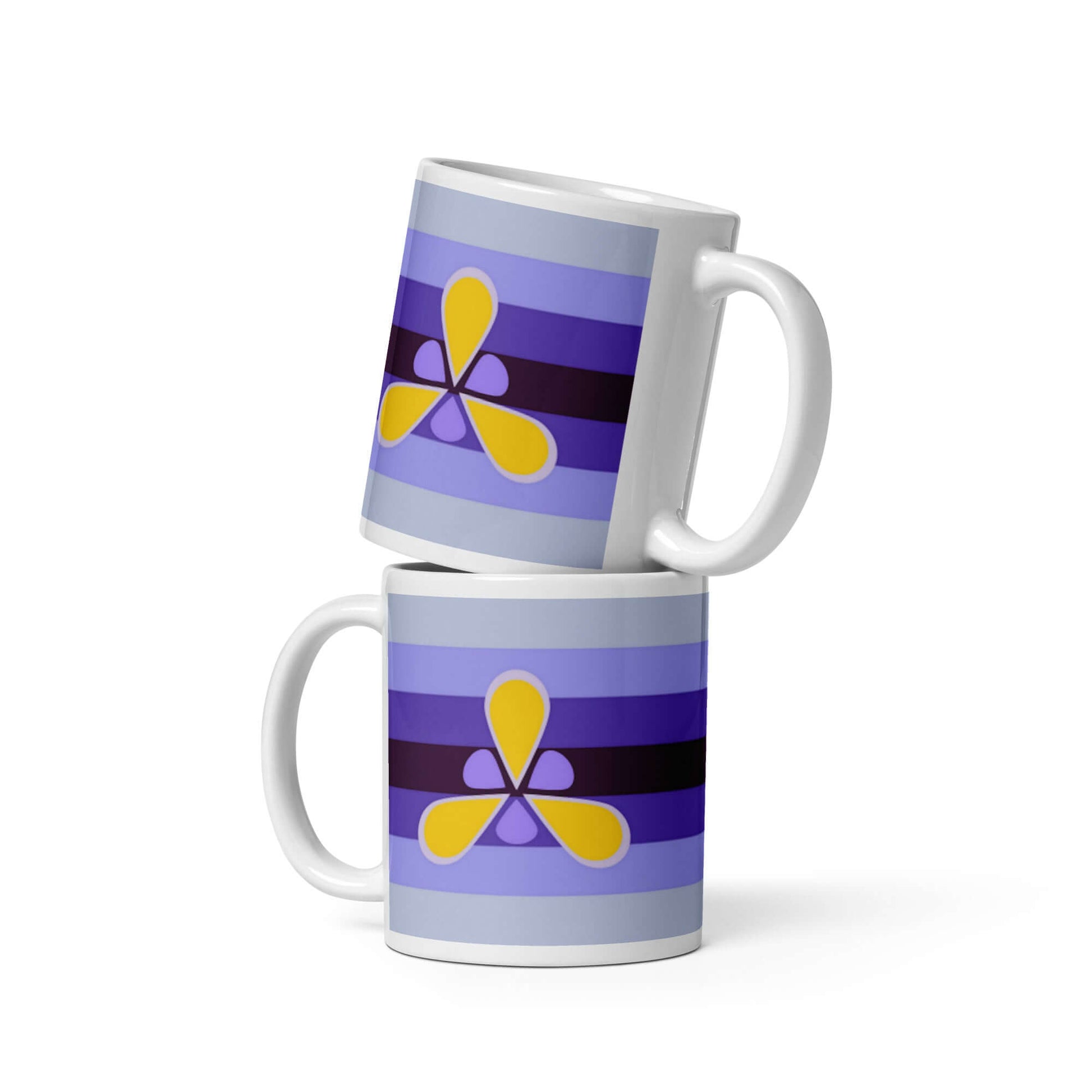 Xenogender Pride Mug featuring a colorful striped design with vibrant purple and yellow accents, perfect for coffee or tea.
