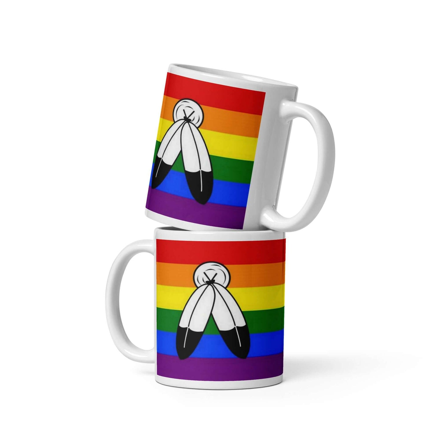 Two Spirit Pride Mug featuring vibrant rainbow stripes and artistic design, perfect for coffee or tea.