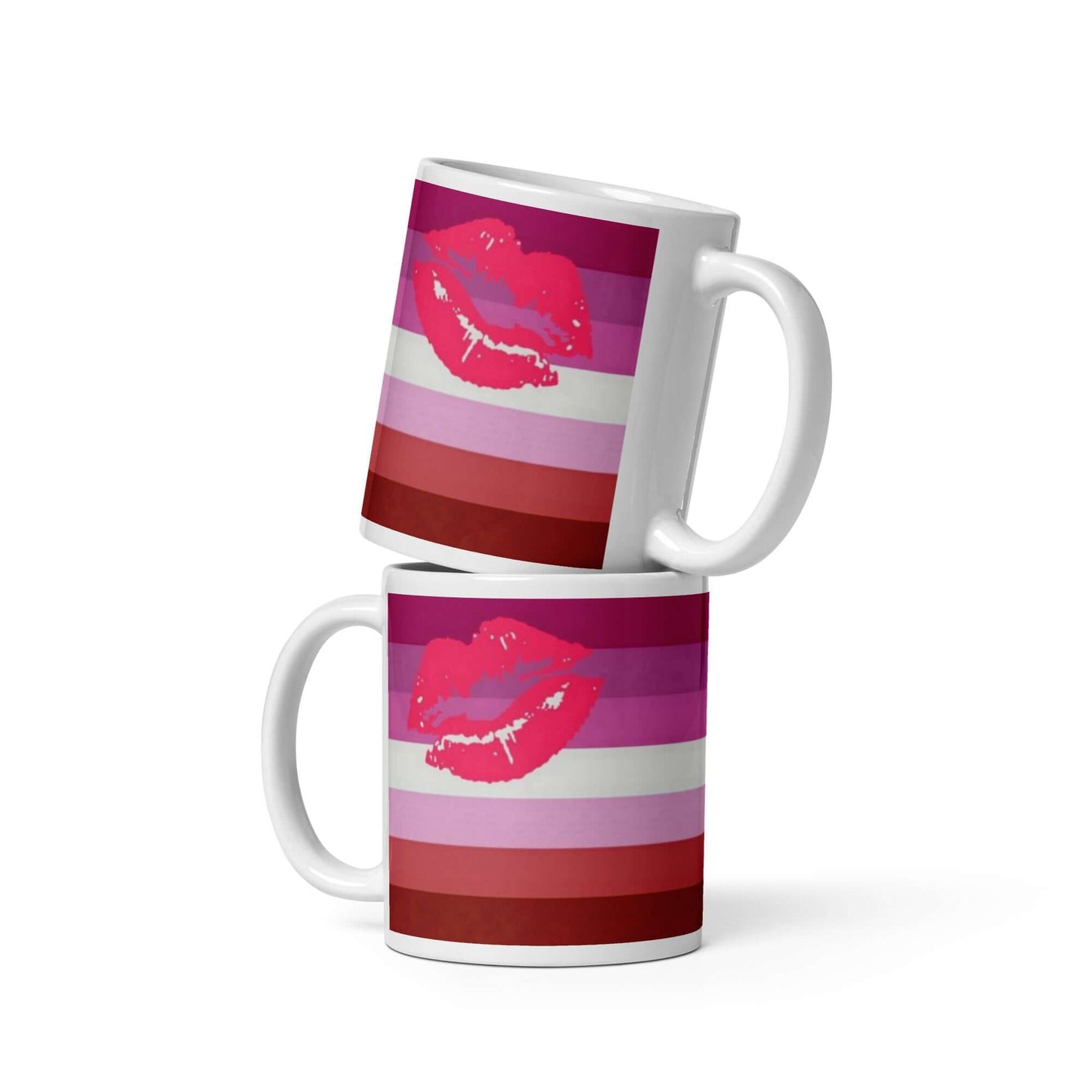 Lipstick Lesbian Pride Mug featuring vibrant lip prints on colorful stripes, perfect for coffee or tea.