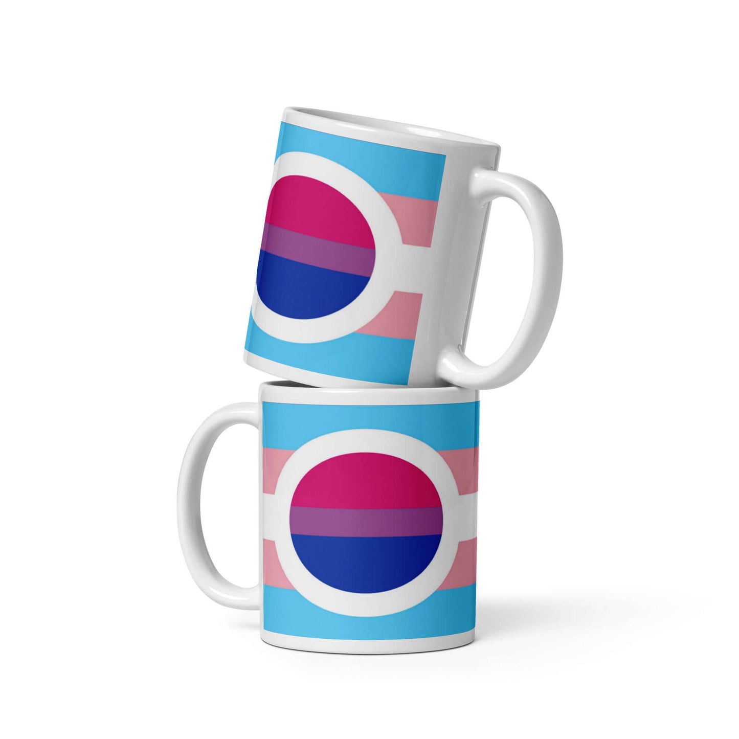 Transgender Bisexual I Pride Mug with bi flag design, stacked mugs showcasing vibrant colors and patterns.