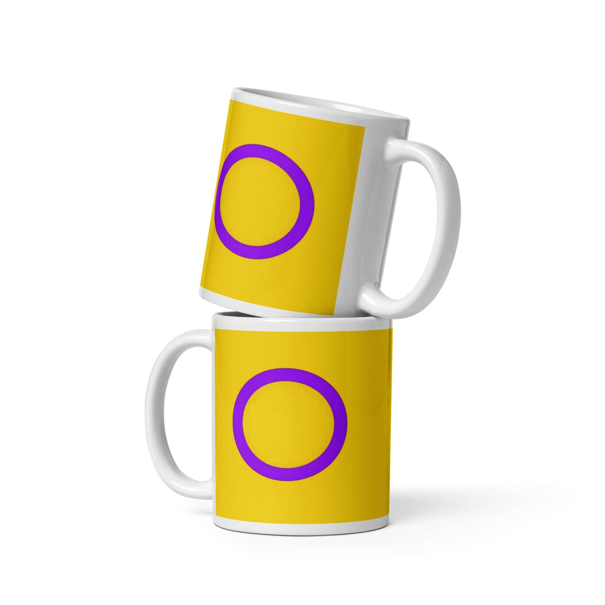 Intersex Pride Mug with a vibrant yellow background and purple circle design, stacked for display.