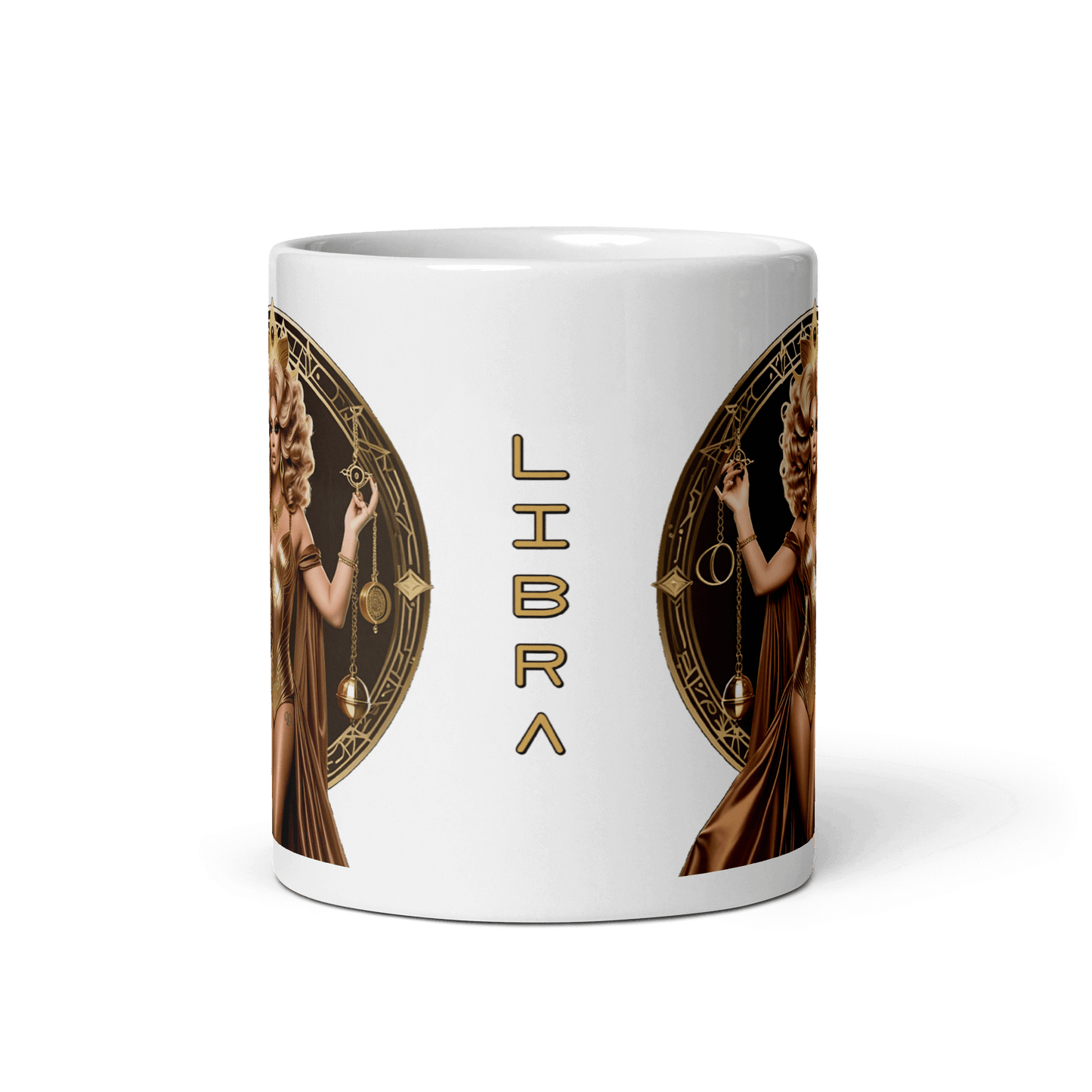 Haus Of Zodiac Mug | Justica Devine (Libra) featuring a Libra design with a beautiful figure and gold accents.