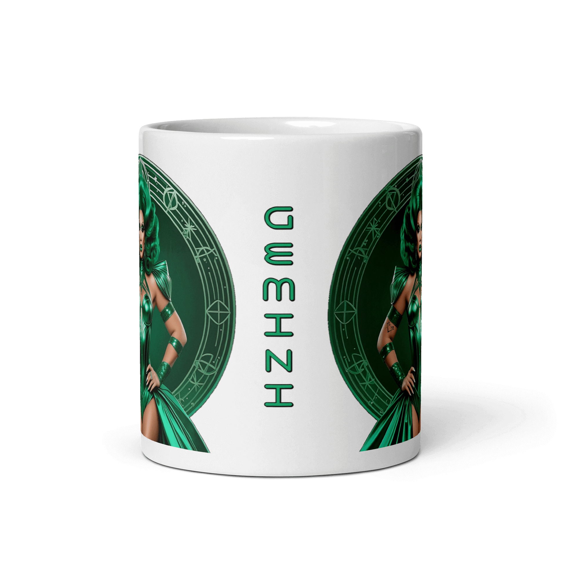 Haus Of Zodiac Mug | Duality Diva (Gemini) featuring vibrant green design and astrology artwork.