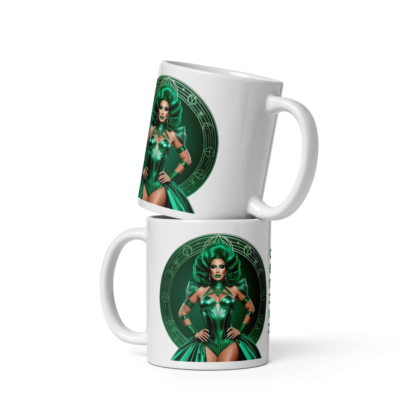 Haus Of Zodiac Mug | Duality Diva (Gemini) featuring a vibrant design of a character in green attire on a ceramic mug.