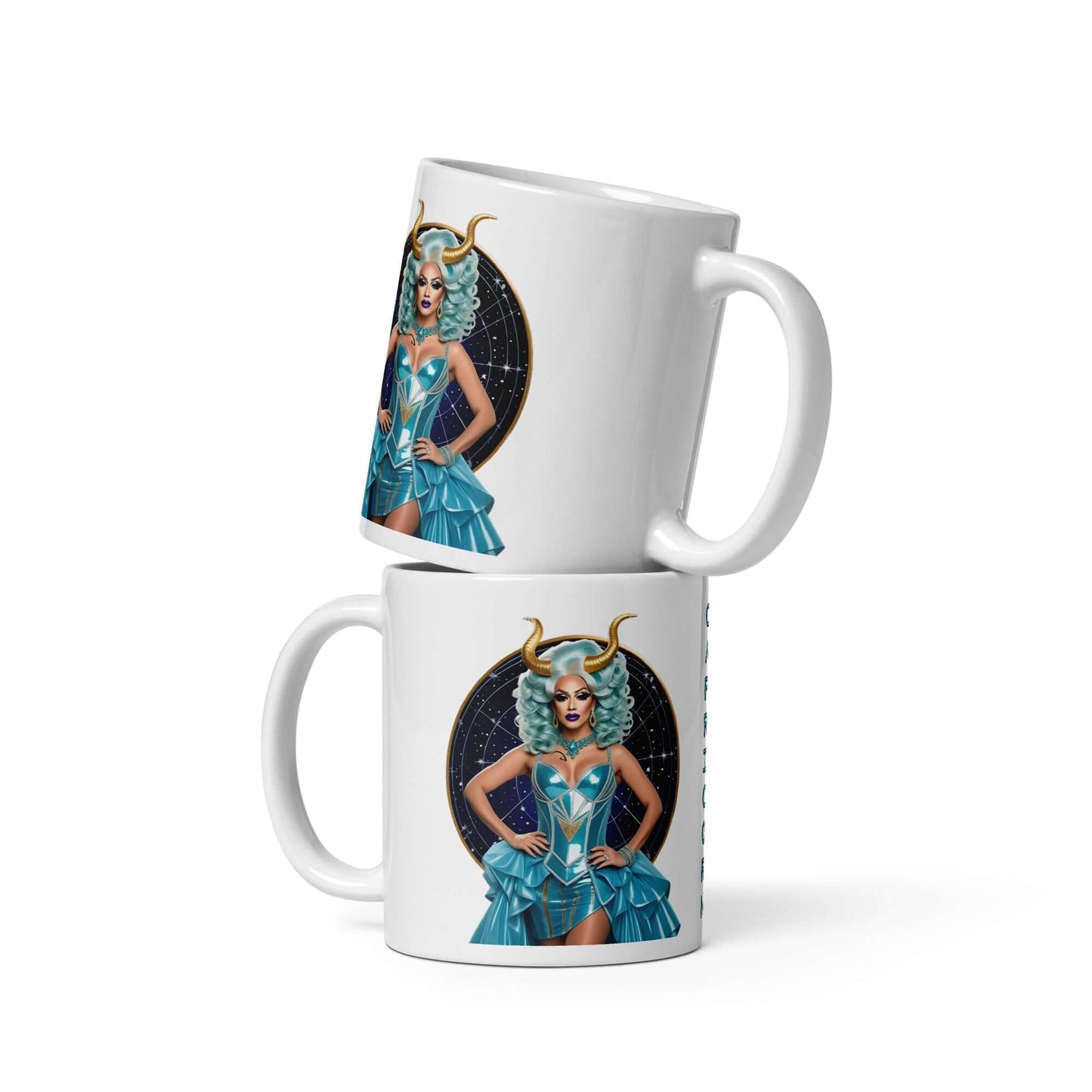 Haus Of Zodiac Mug | Go-Tya Glamour (Capricorn) featuring a stylish design with a character and cosmic background.