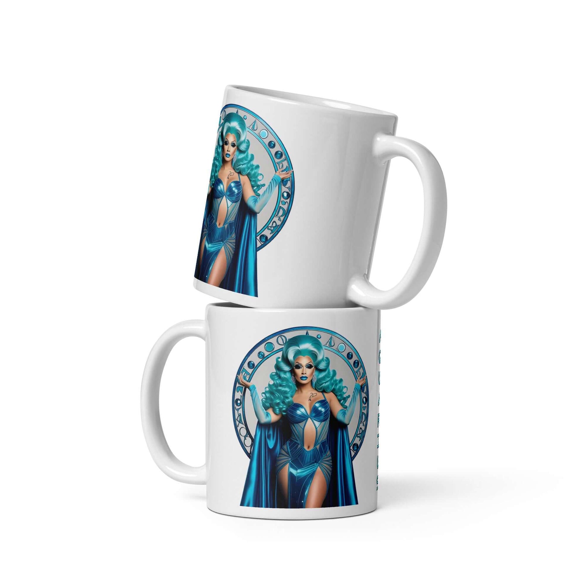 Haus Of Zodiac Mug | Aqua D'Aura (Aquarius) featuring a vibrant design of a character in blue attire.