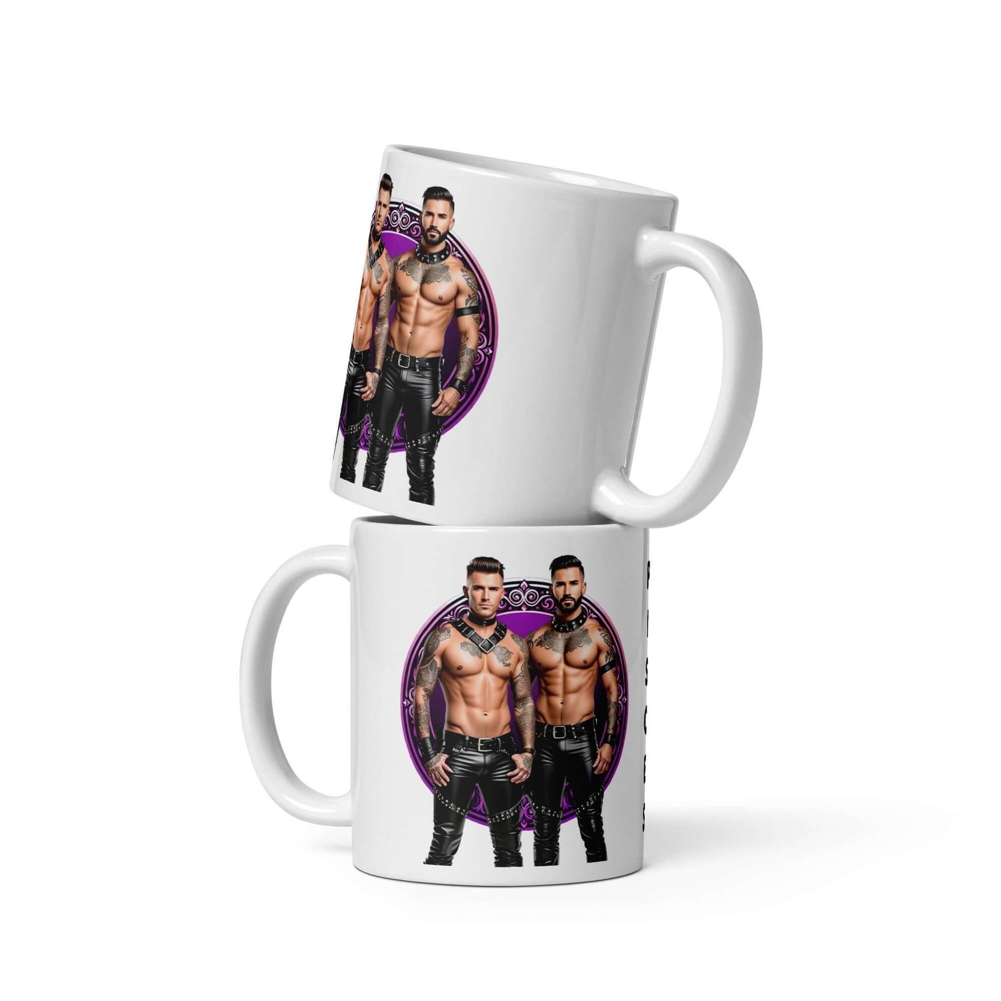 Haus Of Zodiac Mug | Leathermen Indigo & Koi (Pisces) featuring two muscular figures in leather outfits.