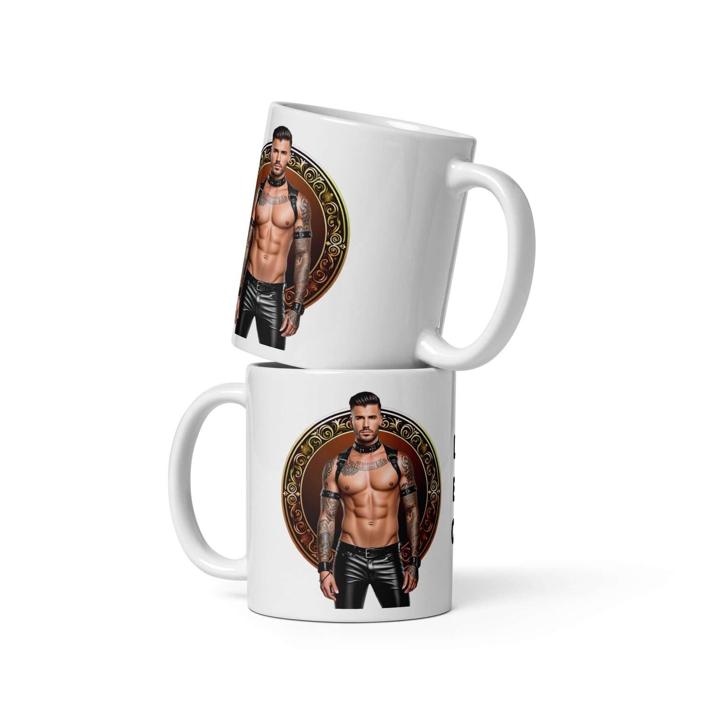 Haus Of Zodiac Mug | Leatherman Rex (Leo) featuring a muscular man surrounded by decorative elements.