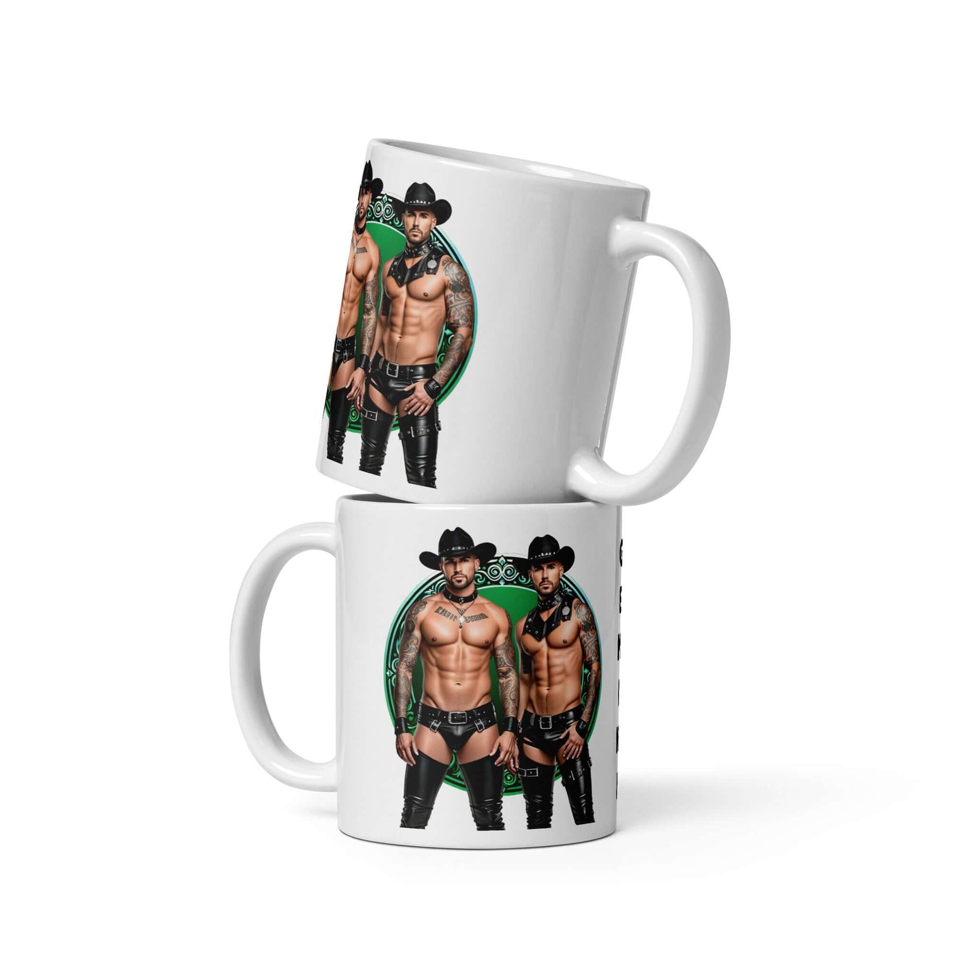 Haus Of Zodiac Mug | Leathermen Fin & Cade (Gemini) featuring two muscular cowboys in vibrant design.