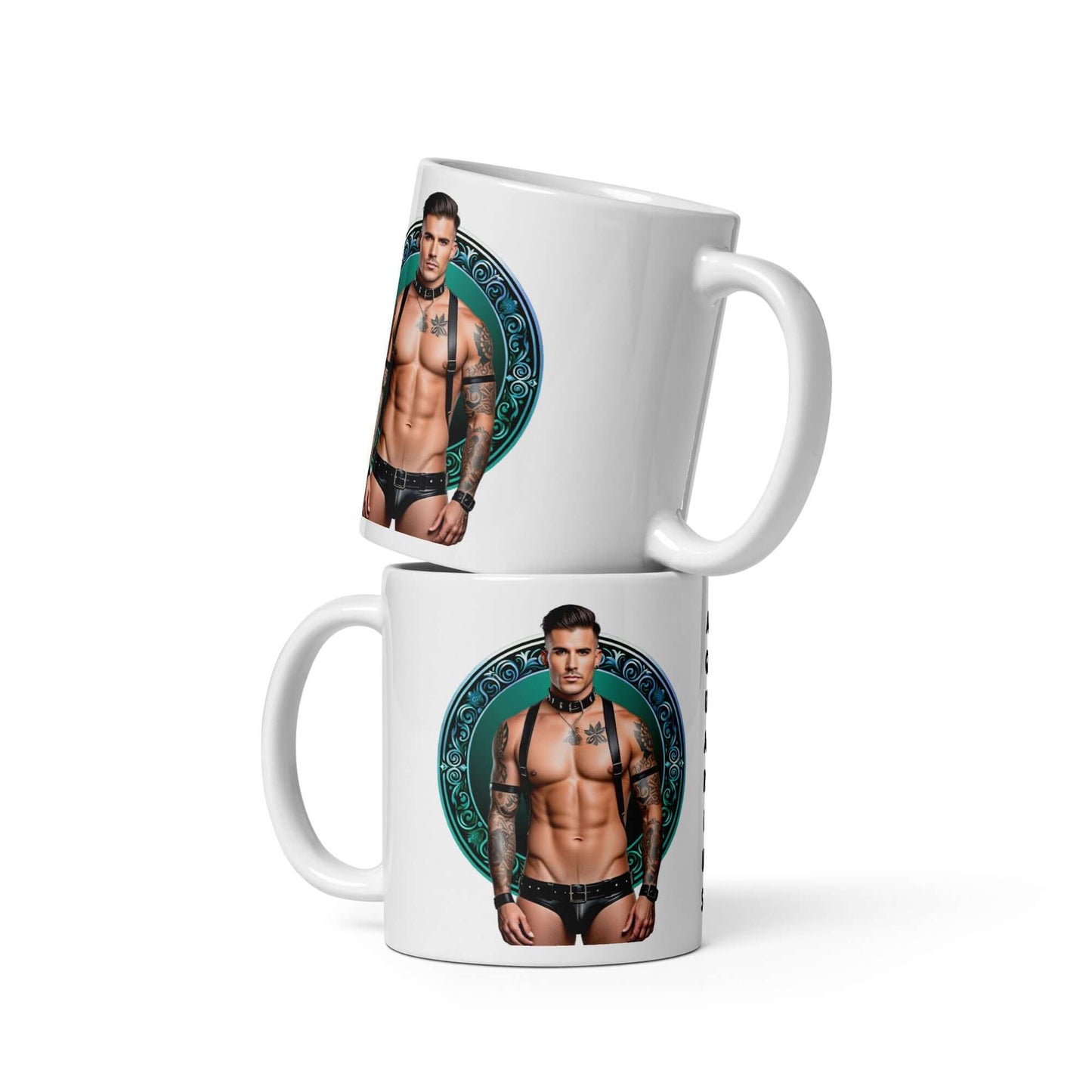 Haus Of Zodiac Mug | Leatherman Kai (Aquarius) featuring a muscular man with tattoos on a glossy ceramic surface.