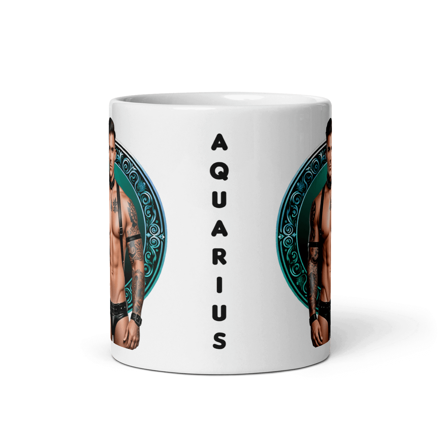 Haus Of Zodiac Mug | Leatherman Kai (Aquarius) featuring a muscular design and 'Aquarius' text on a glossy ceramic mug.