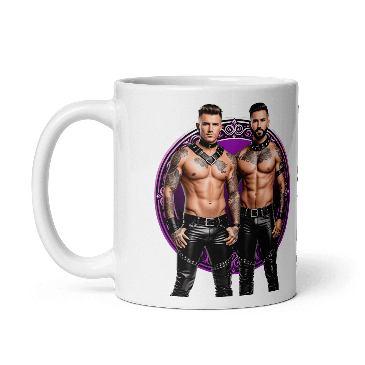 Haus Of Zodiac Mug | Leathermen Indigo & Koi (Pisces) featuring tattooed models in stylish leather outfits.