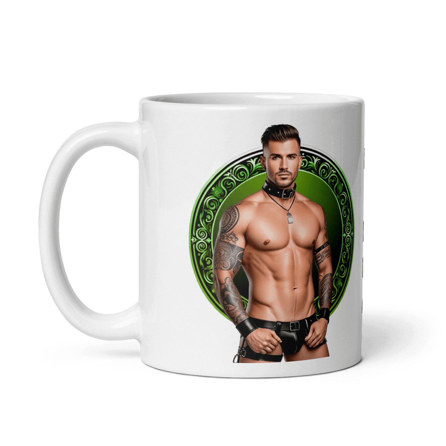 Haus Of Zodiac Mug | Leatherman Pierce (Libra) featuring a muscular man with tattoos and a choker on a glossy ceramic mug.
