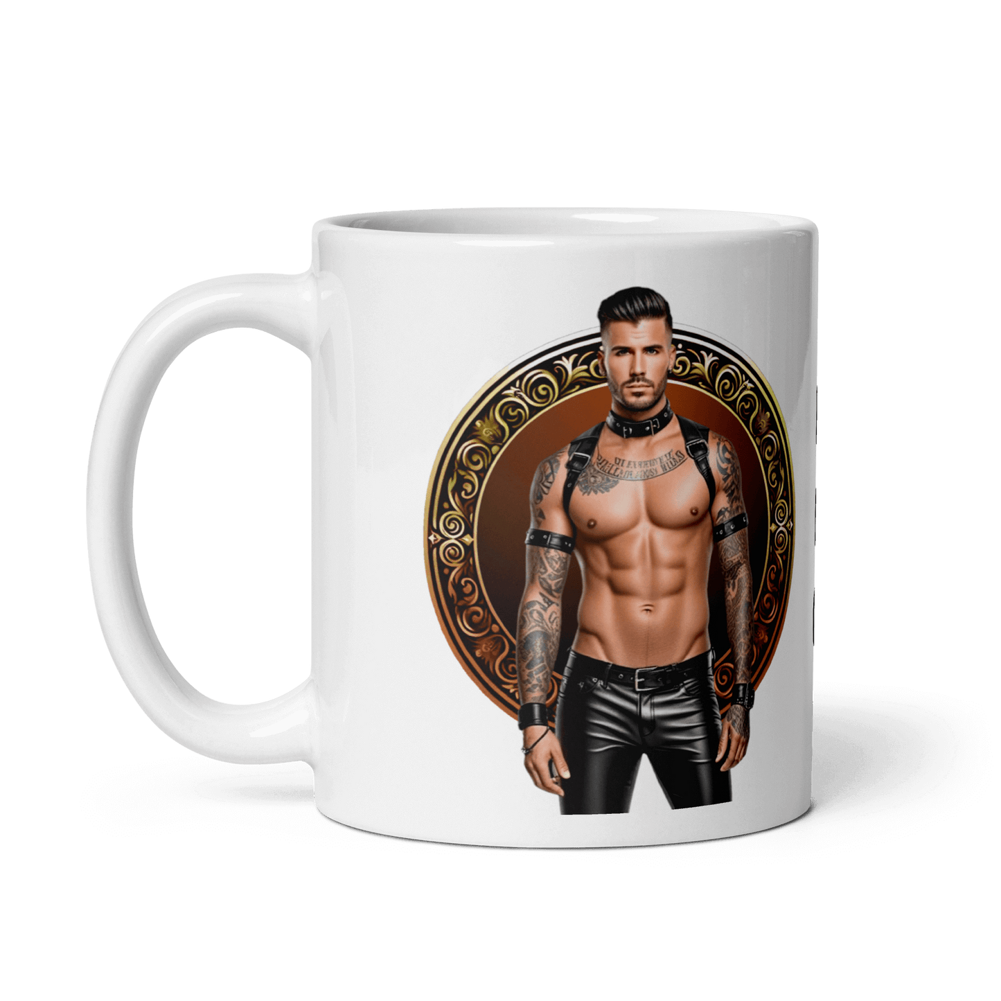 Haus Of Zodiac Mug | Leatherman Rex (Leo) featuring a muscular man with tattoos and stylish attire.