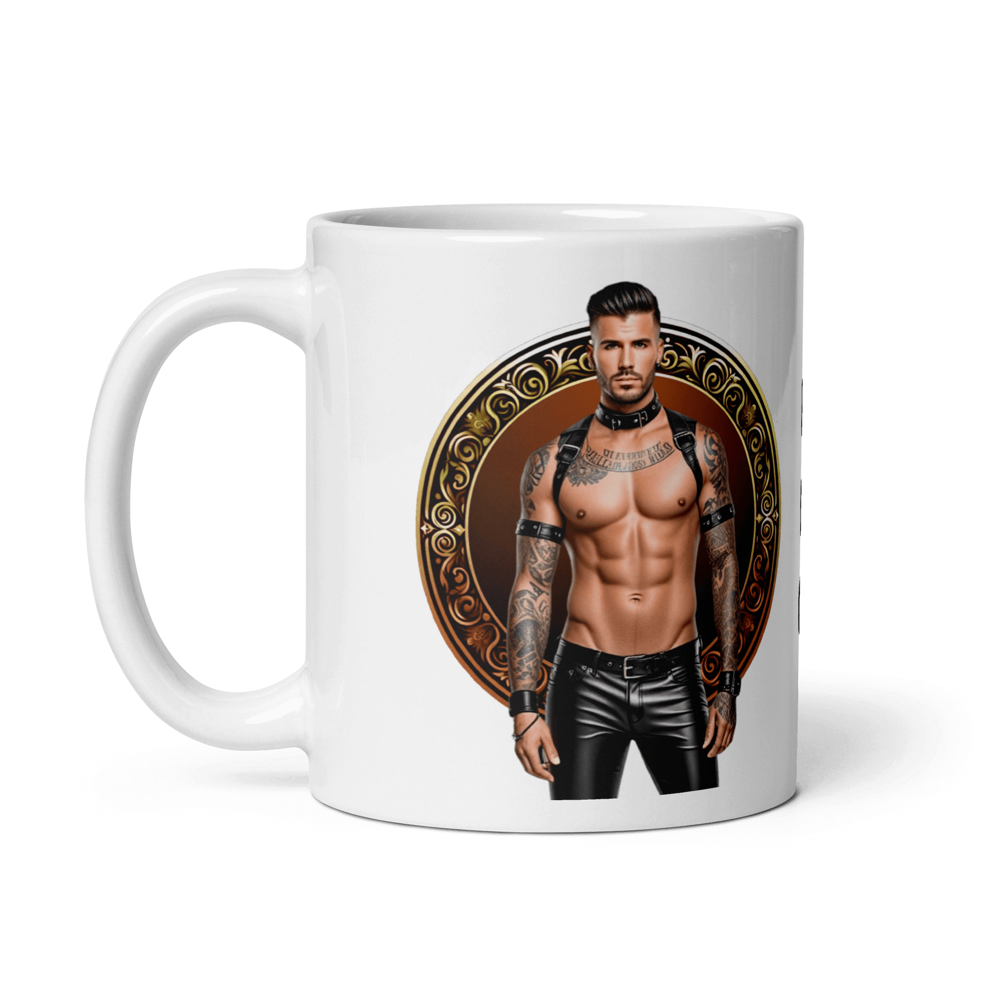 Haus Of Zodiac Mug | Leatherman Rex (Leo) featuring a muscular man with tattoos and stylish attire.