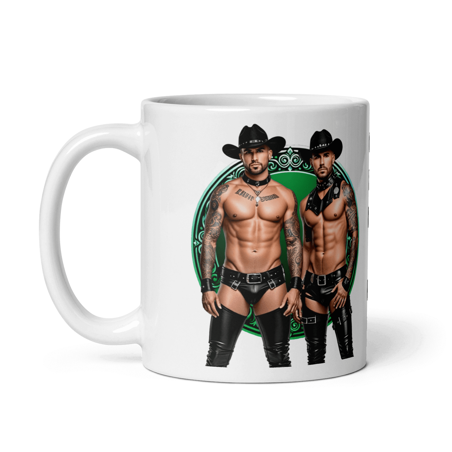 Haus Of Zodiac Mug | Leathermen Fin & Cade (Gemini) featuring two muscular men in cowboy hats and leather attire.