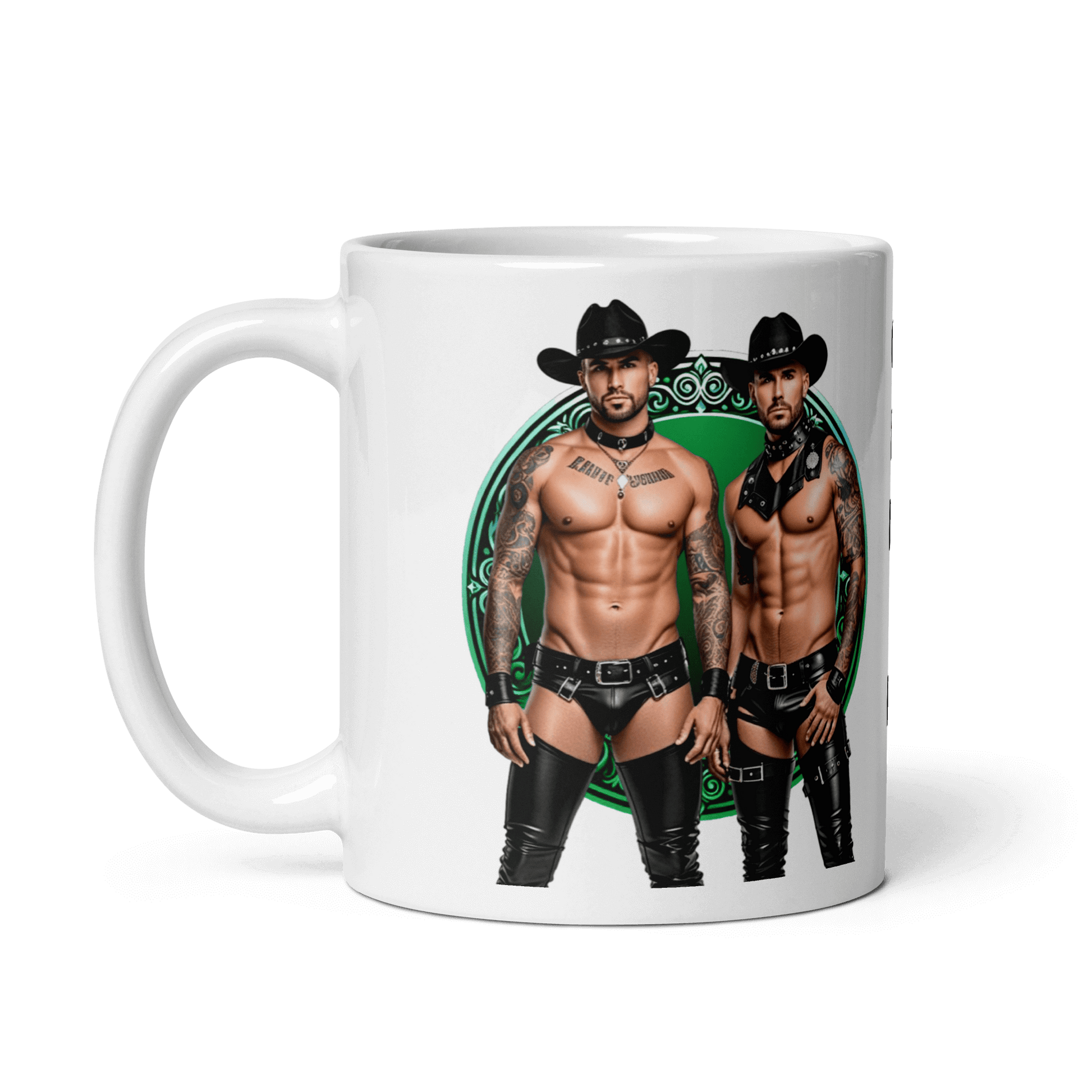 Haus Of Zodiac Mug | Leathermen Fin & Cade (Gemini) featuring two muscular men in cowboy hats and leather attire.