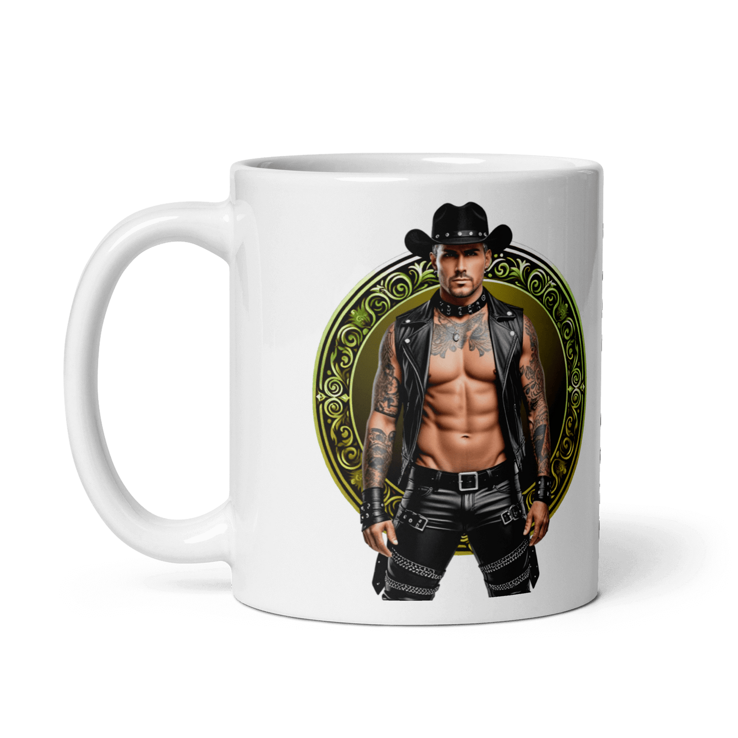 Haus Of Zodiac Mug | Leatherman Sterling (Capricorn) featuring a decorative design with a muscular cowboy.