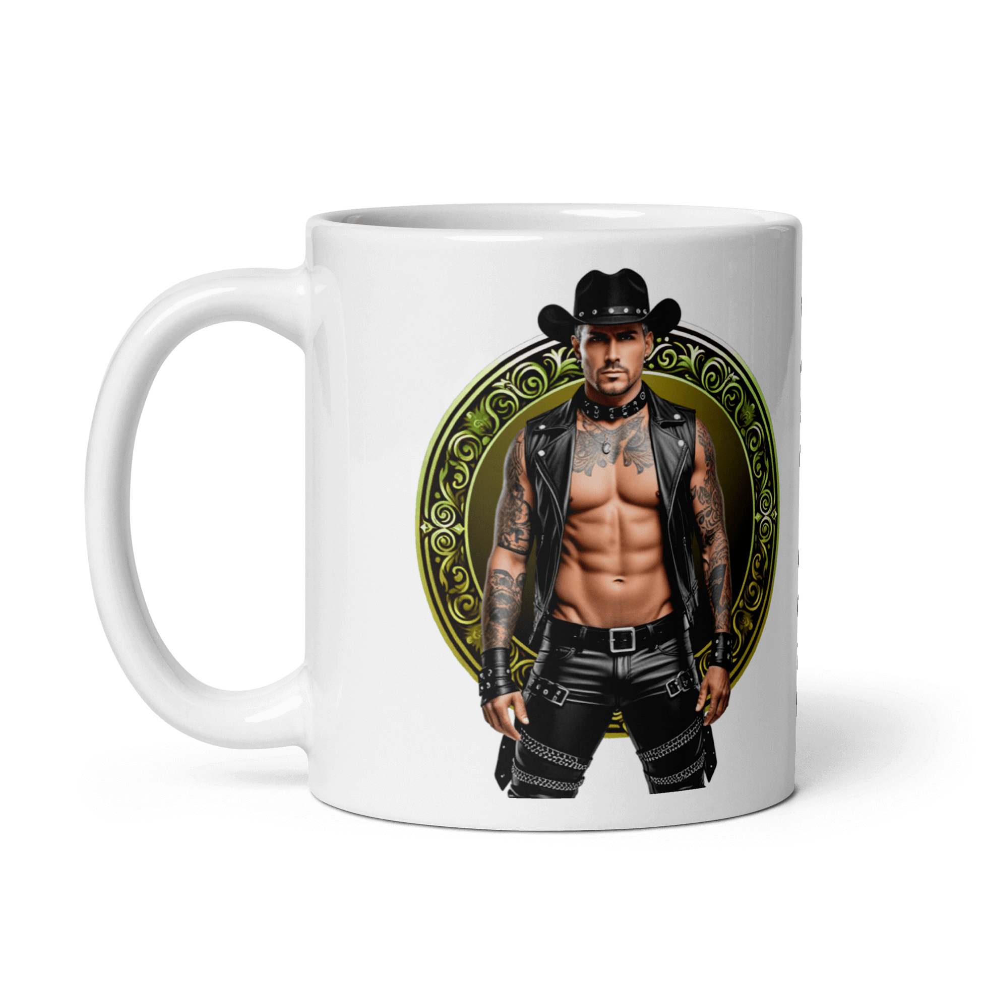 Haus Of Zodiac Mug | Leatherman Sterling (Capricorn) featuring a decorative design with a muscular cowboy.