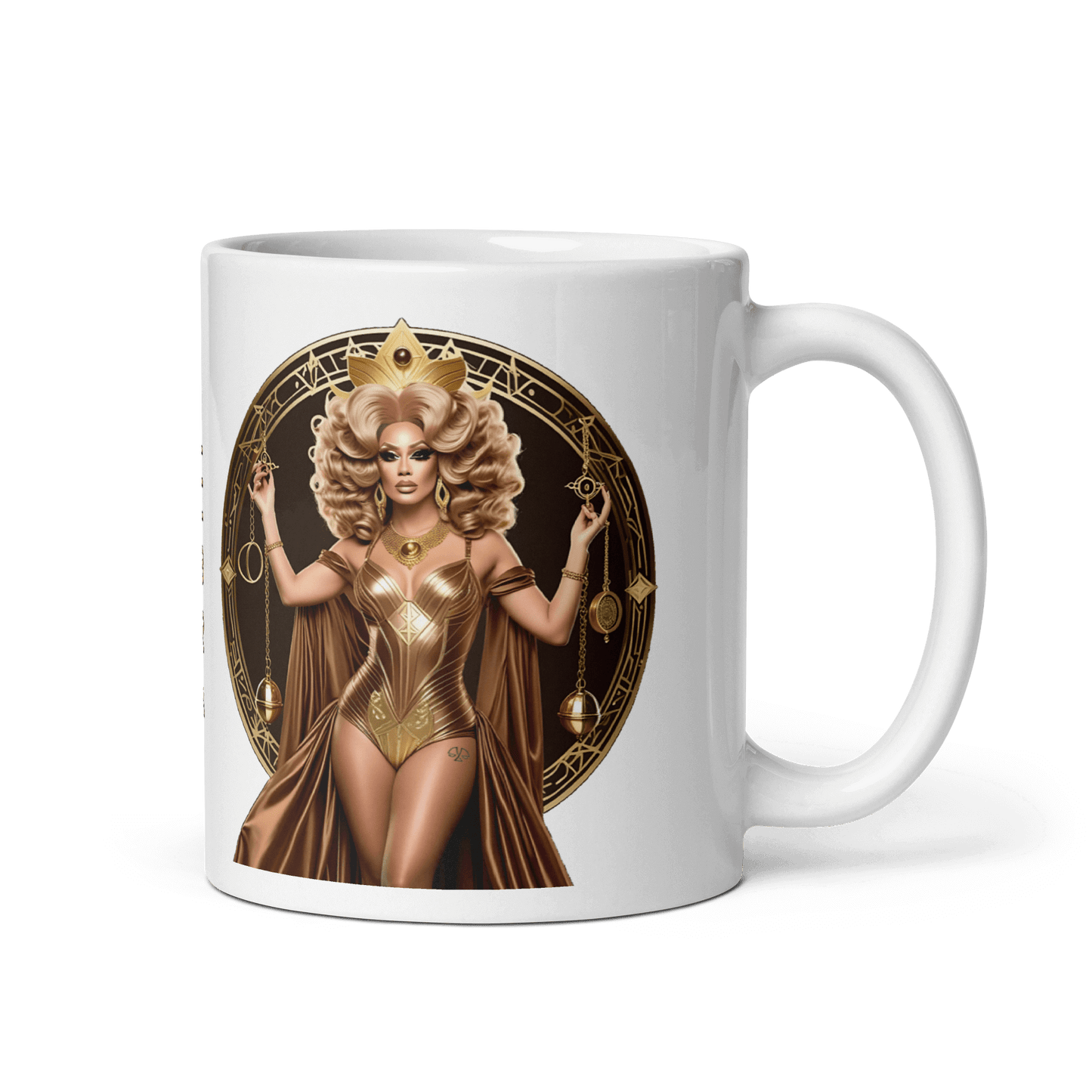 Haus Of Zodiac Mug | Justica Devine (Libra) featuring a glamorous character design and gold accents.