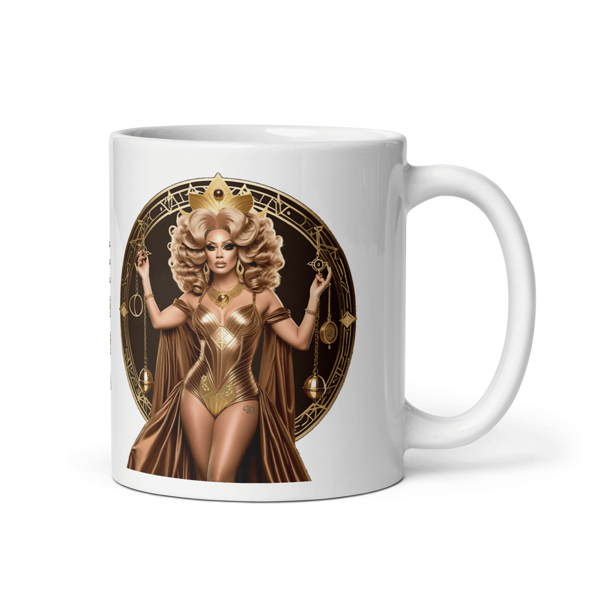 Haus Of Zodiac Mug | Justica Devine (Libra) featuring a glamorous character design and gold accents.