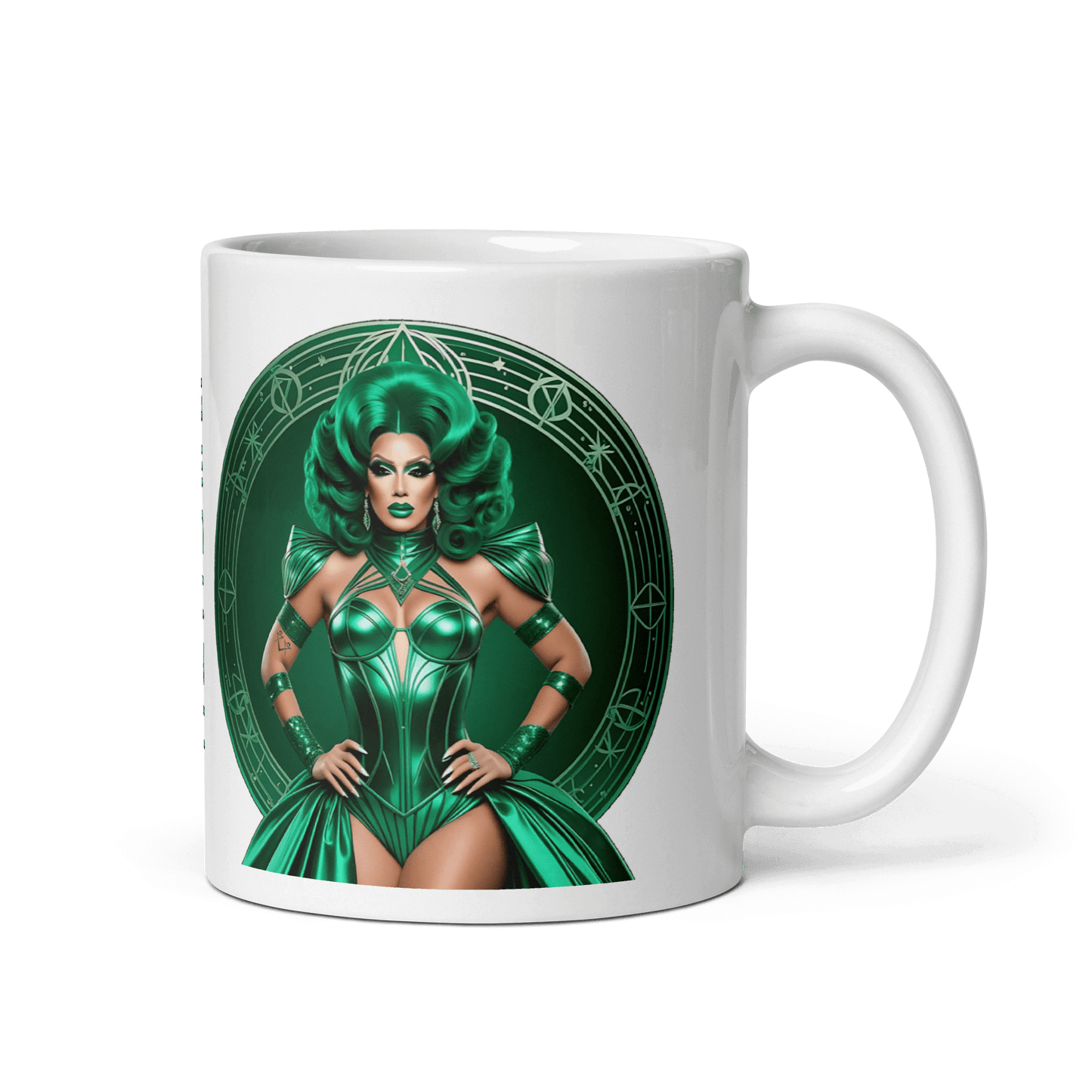 Haus Of Zodiac Mug | Duality Diva (Gemini) featuring a bold green design with a striking figure.