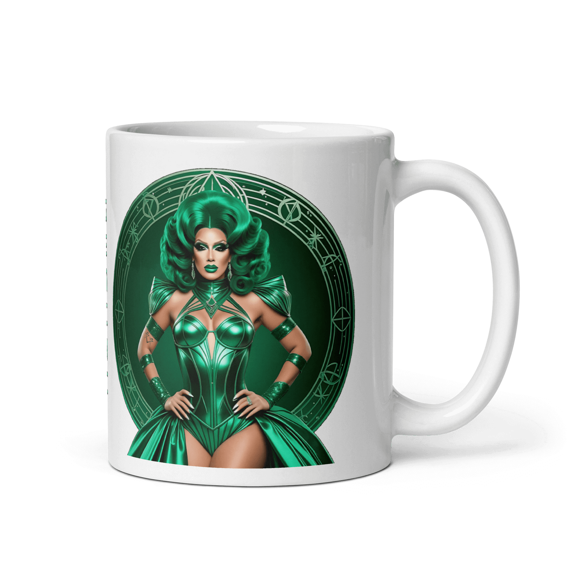 Haus Of Zodiac Mug | Duality Diva (Gemini) featuring a bold green design with a striking figure.