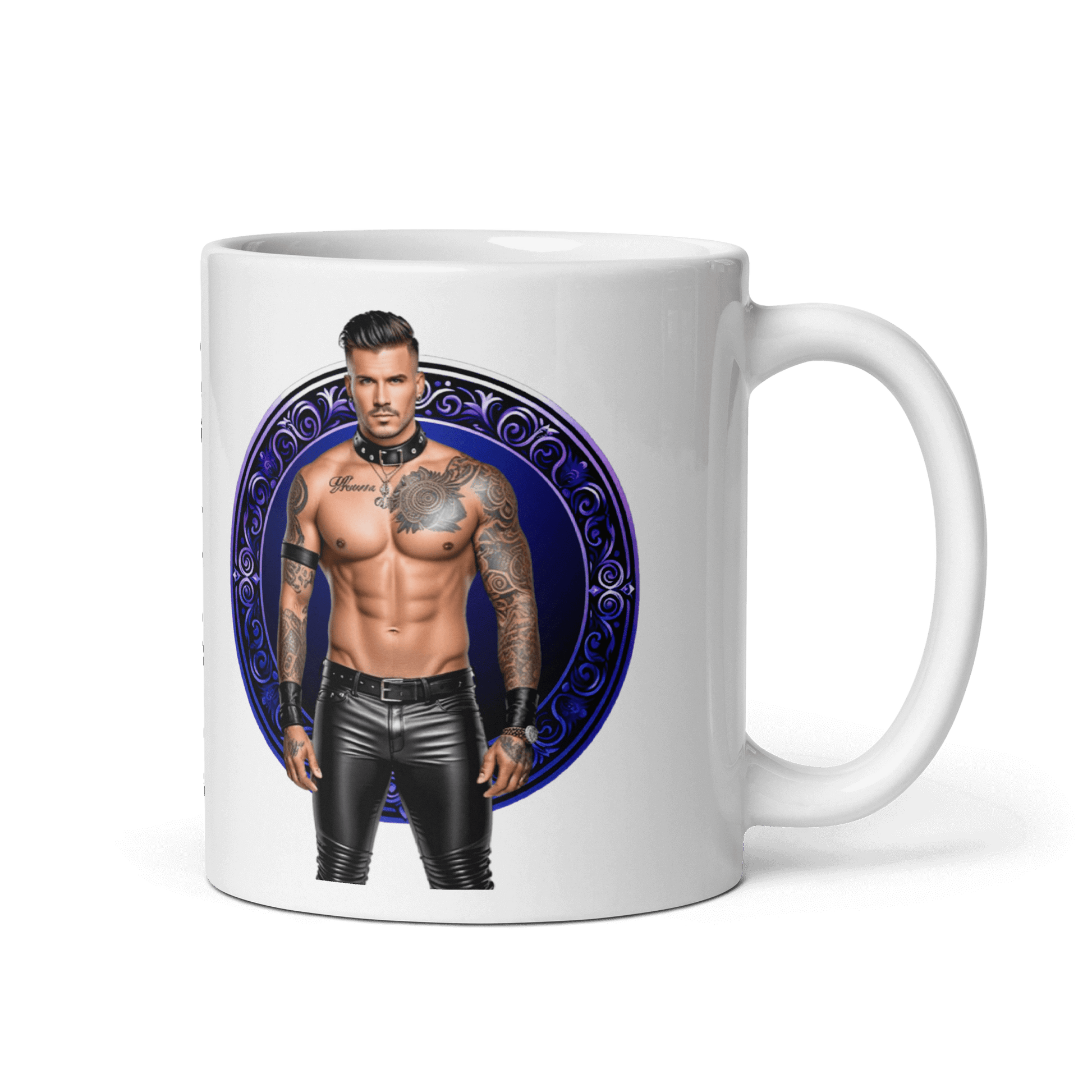 Haus Of Zodiac Mug | Leatherman Dash (Sagittarius) featuring a muscular man with tattoos on a glossy ceramic mug.