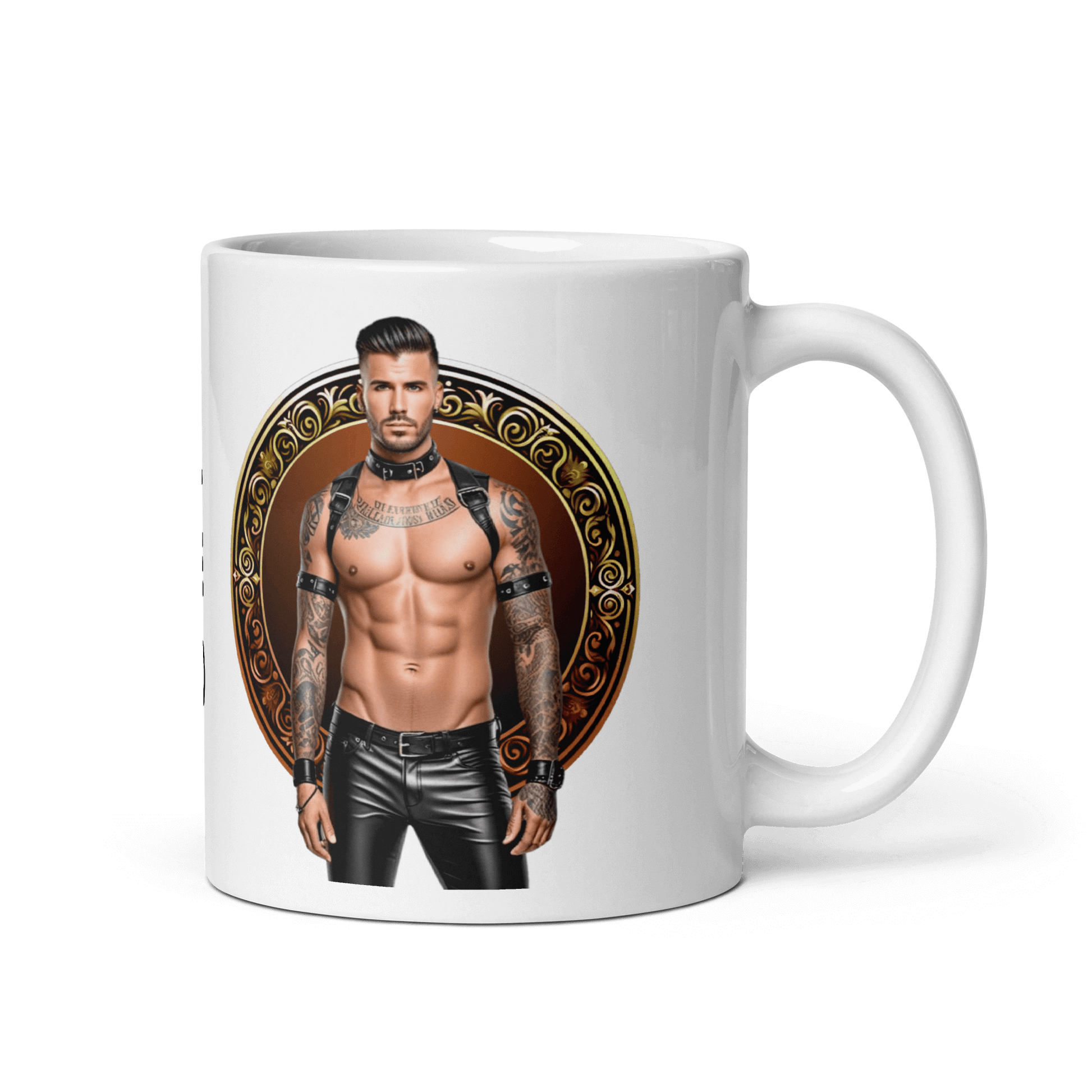 Haus Of Zodiac Mug | Leatherman Rex (Leo) with an artistic design featuring a muscular man.