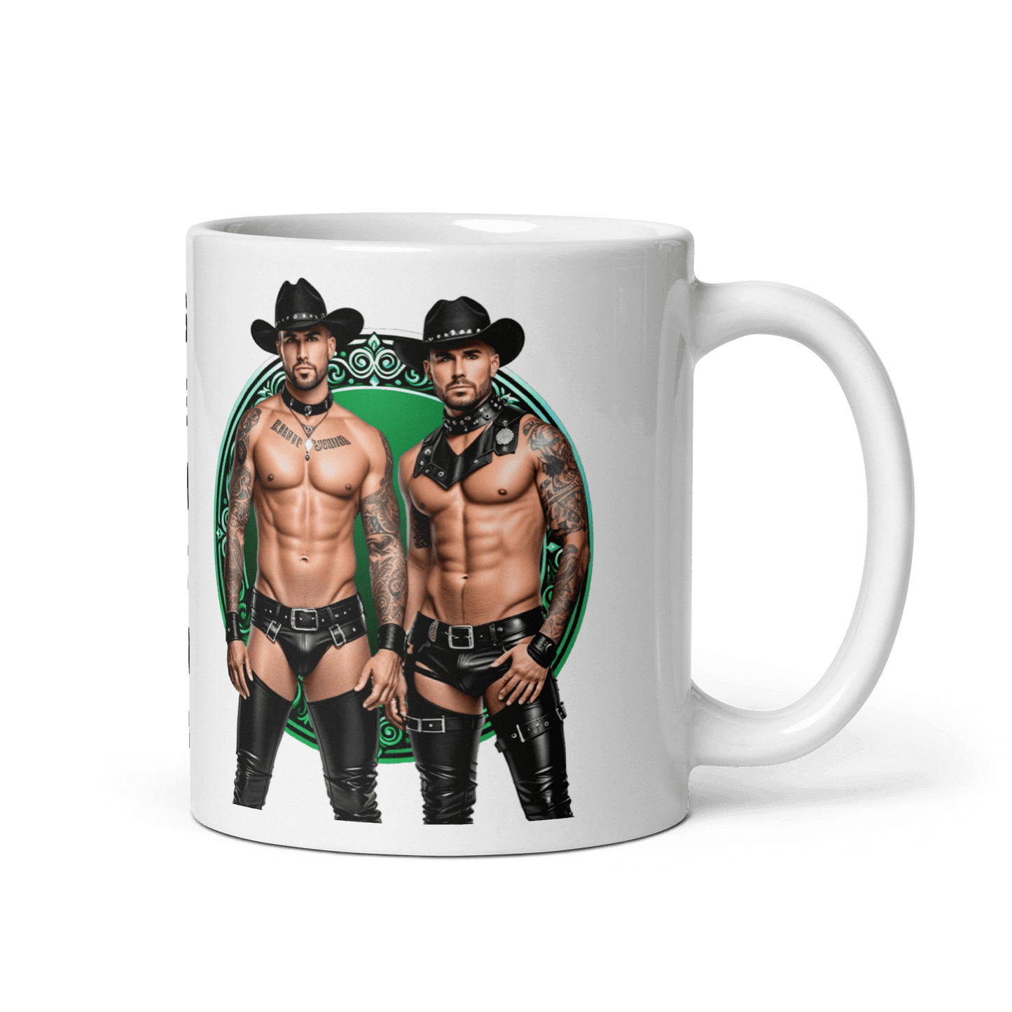 Haus Of Zodiac Mug | Leathermen Fin & Cade (Gemini) featuring two muscular men in leather outfits.