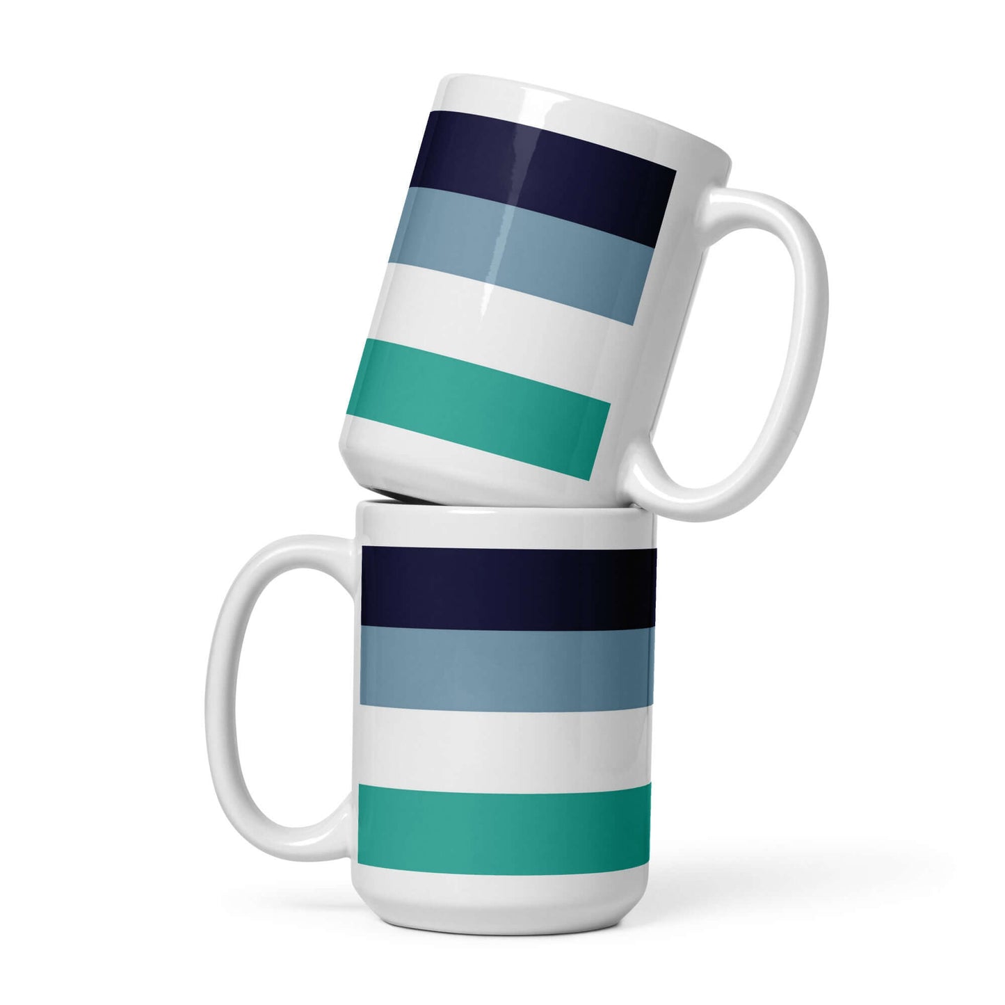 Oriented Aroace Pride Mug design featuring stacked mugs in vibrant colors representing aroace pride.