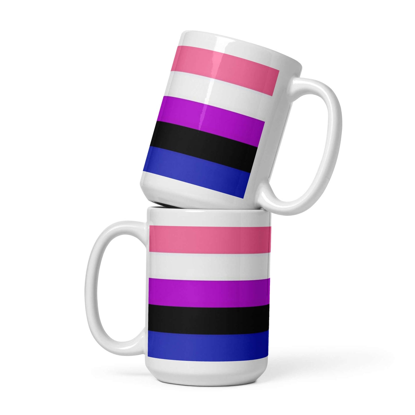 Genderfluid Genderflexible Pride Mug featuring bold stripes in pink, purple, black, and blue, stacked for stylish display.