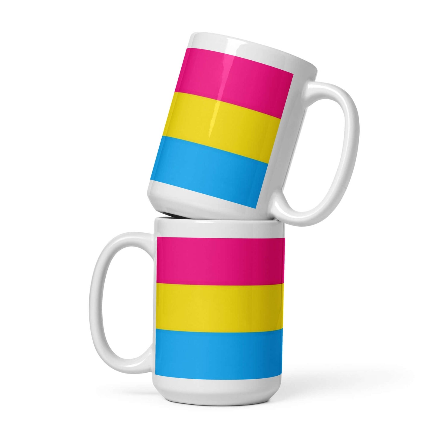 Pansexual Pride Mug featuring vibrant pink, yellow, and blue stripes, perfect for drinks at any time.