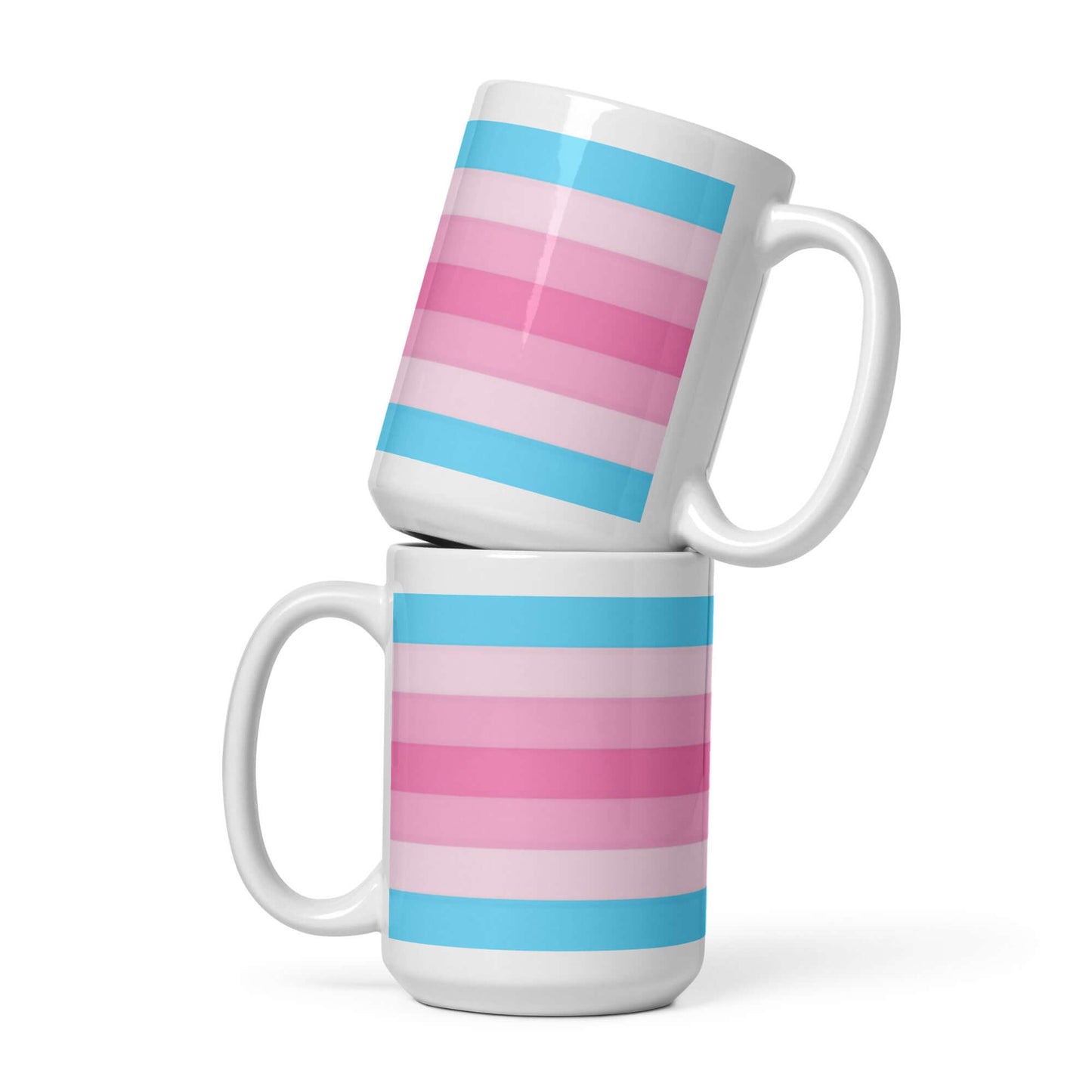 Transfem Pride Mug featuring vibrant stripes in pink and blue stacked for display.