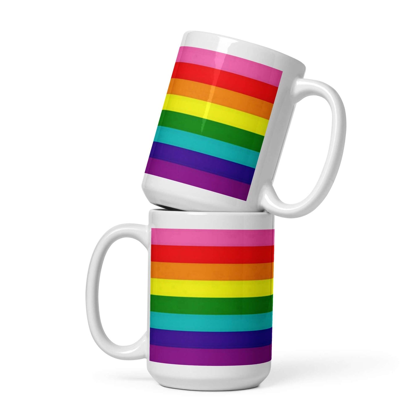 Gilbert Baker Pride Mug showcasing vibrant rainbow stripes on two ceramic mugs, ideal for coffee and tea.