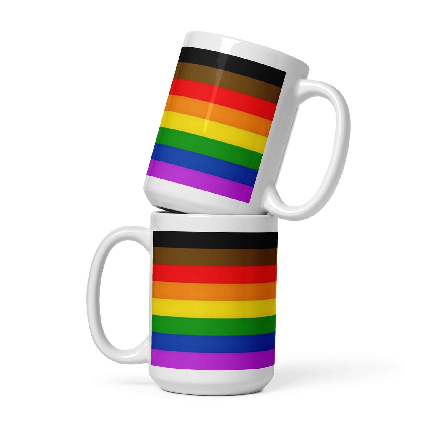 Philadelphia (People Of Color) Inclusive Pride Mug featuring colorful rainbow stripes on ceramic mugs.