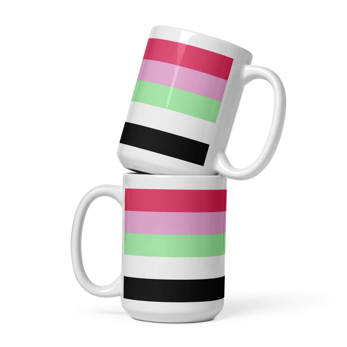 Recipromantic Pride Mug stacked with vibrant striped design in pink, green, and black colors.