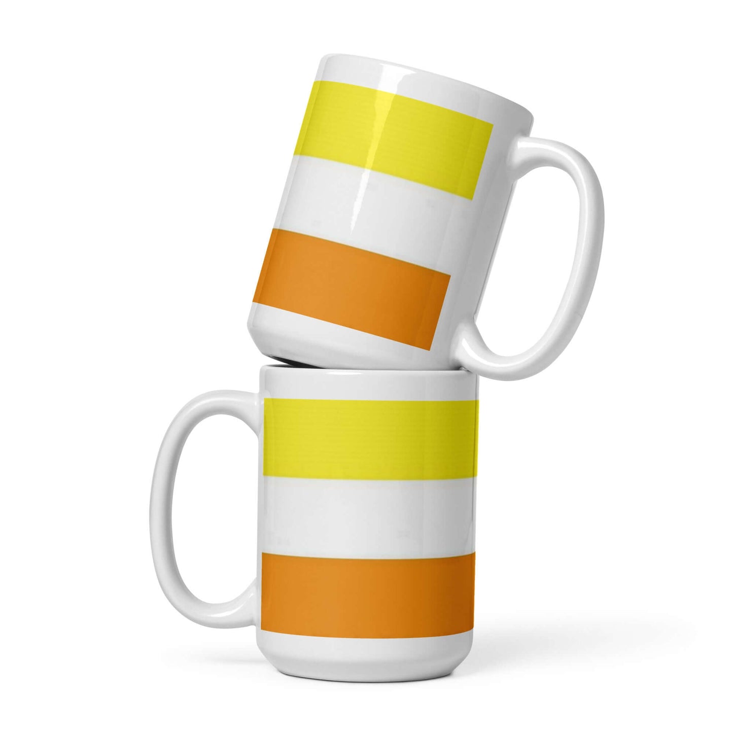 Maverique Pride Mug stacked, featuring vibrant yellow and orange stripes on a glossy white ceramic design.