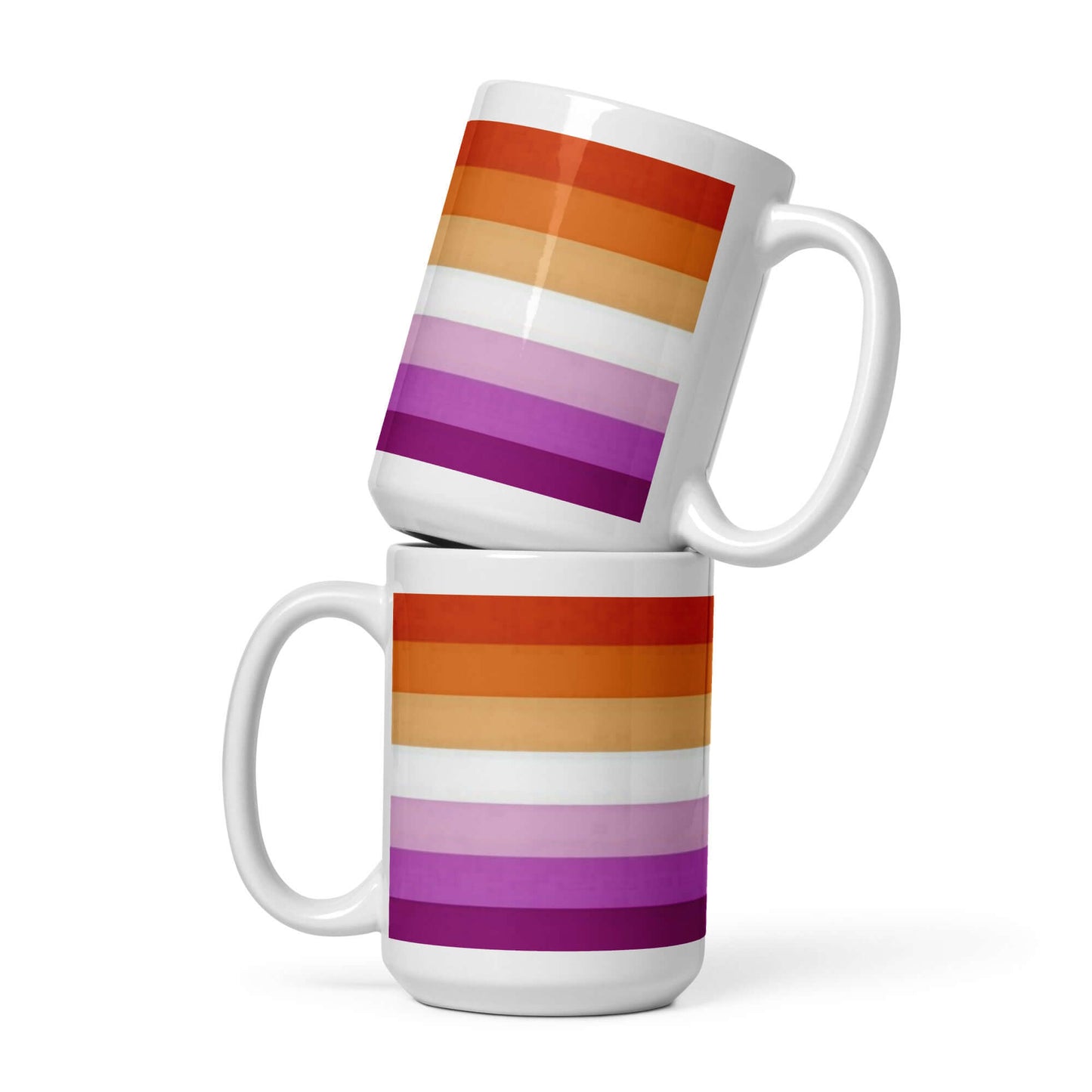 Lesbian Pride Mug featuring vibrant rainbow stripes, perfect for coffee or tea, showcasing pride and joy.
