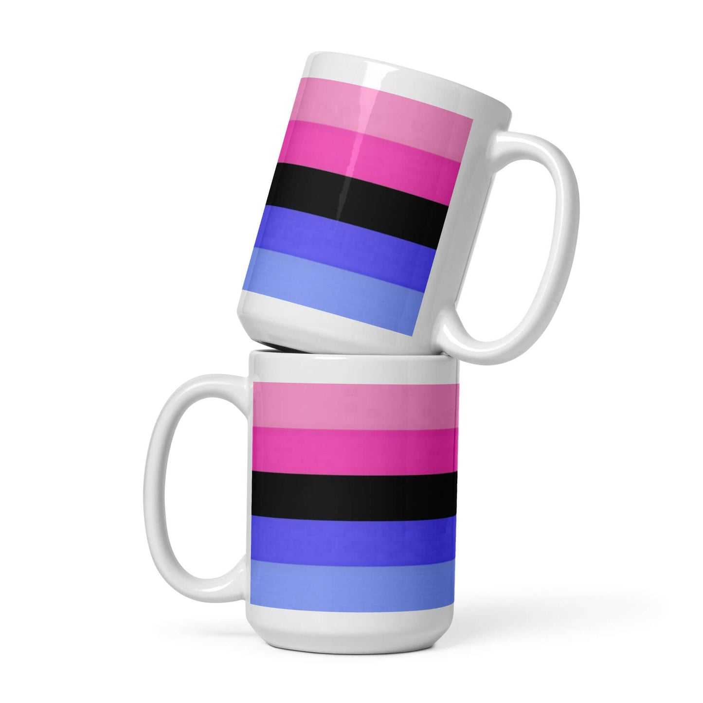 Omnisexual Pride Mug with vibrant pink, black, and blue stripes stacked on a white background.