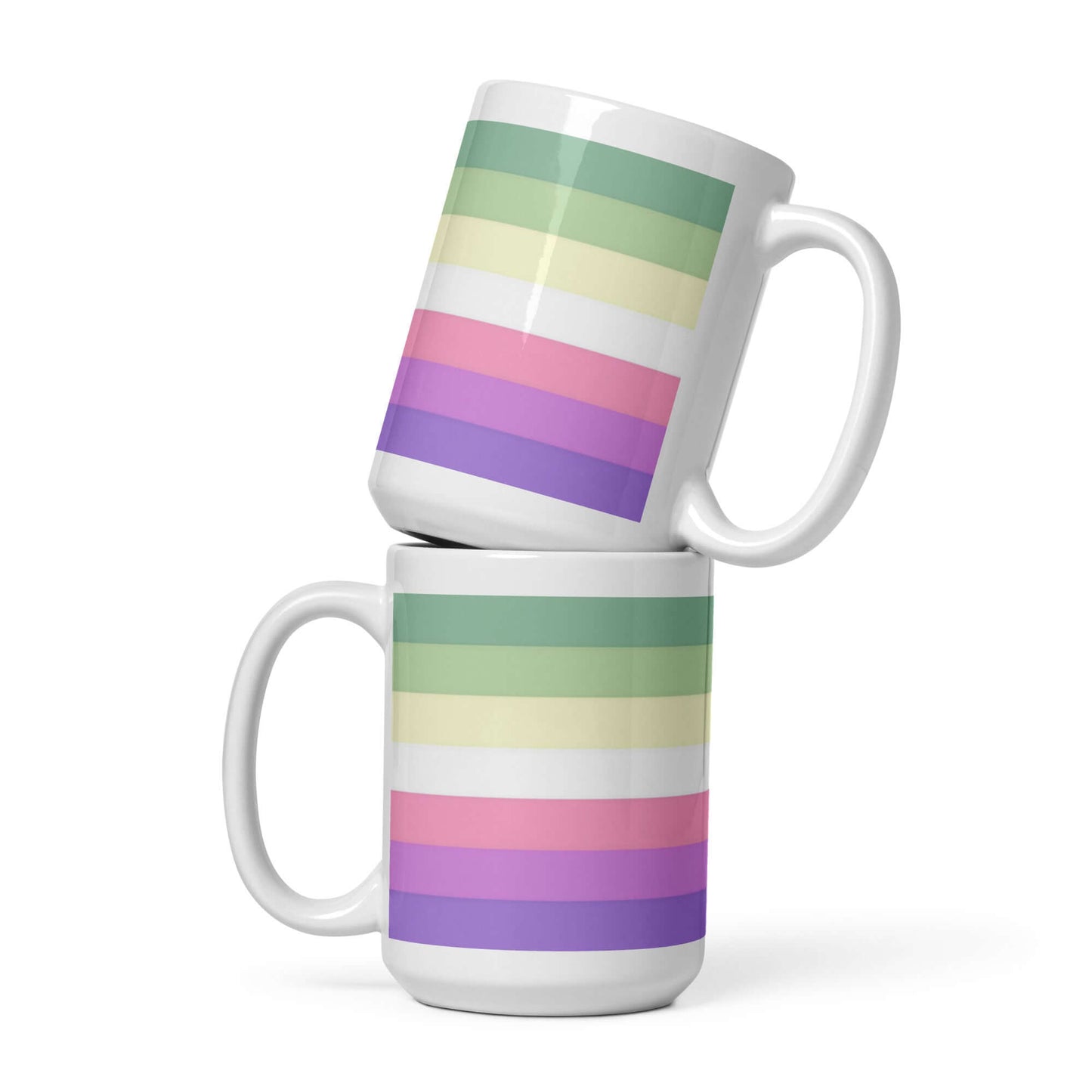Genderfae Pride Mug featuring striped design in pastel colors. Perfect for any beverage.