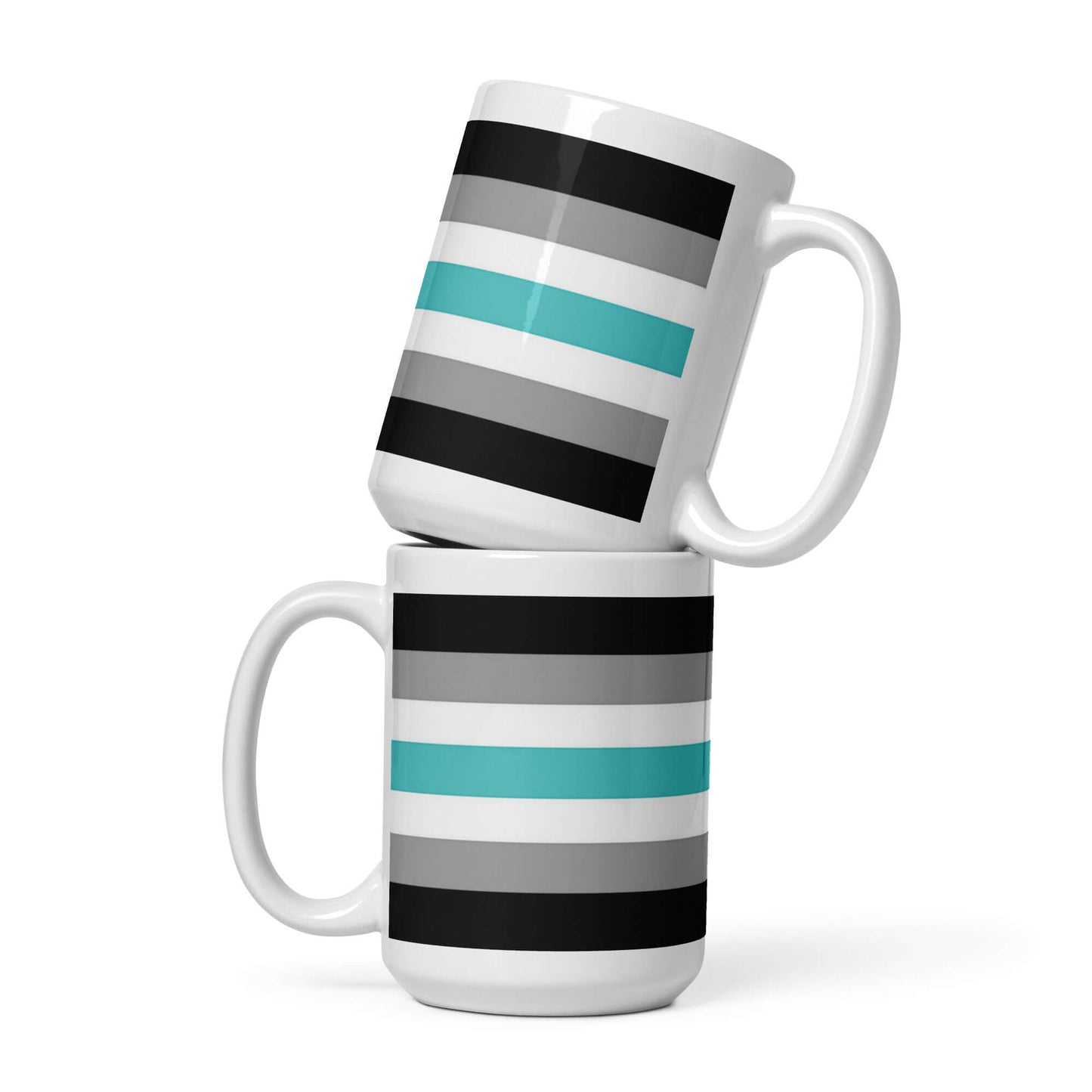 Libramasc Pride Mug with a black, gray, and teal striped design, stacked for a stylish display.