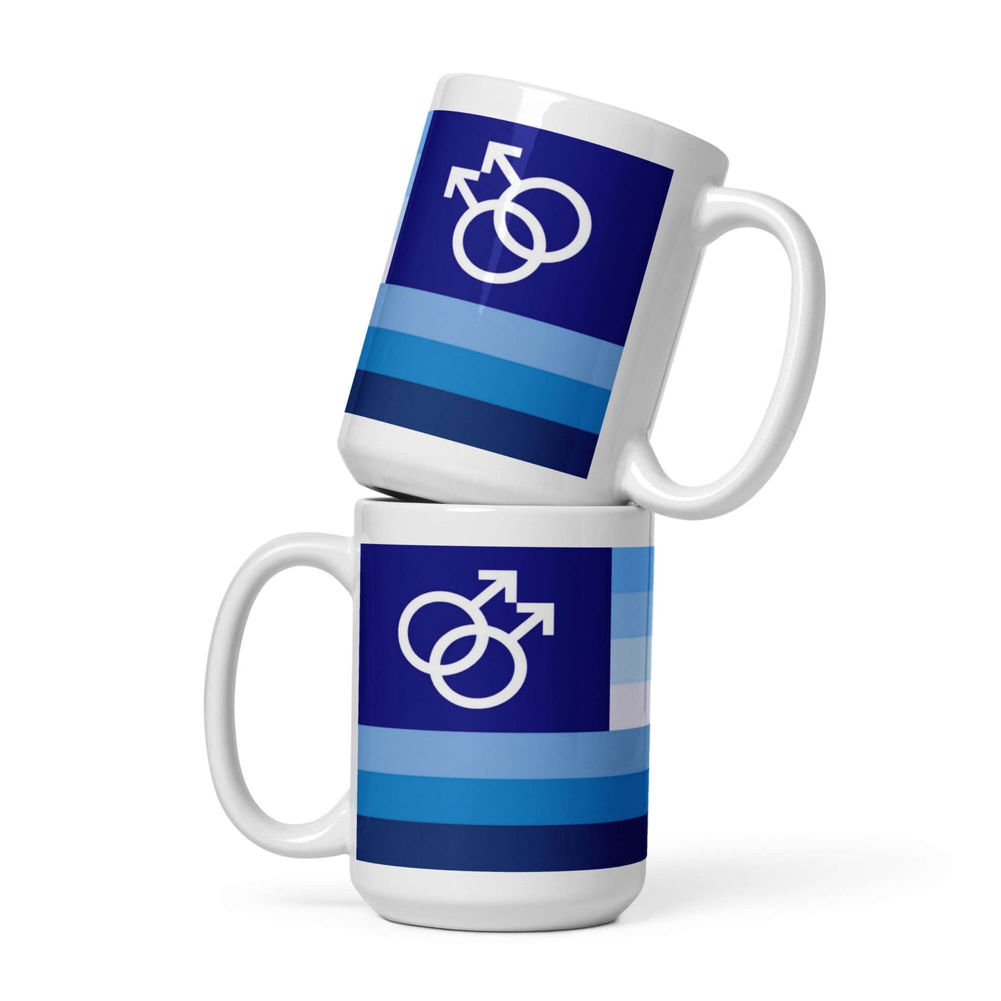 Gay Men IV Pride Mug featuring vibrant blue colors and gender symbols, perfect for coffee and tea.
